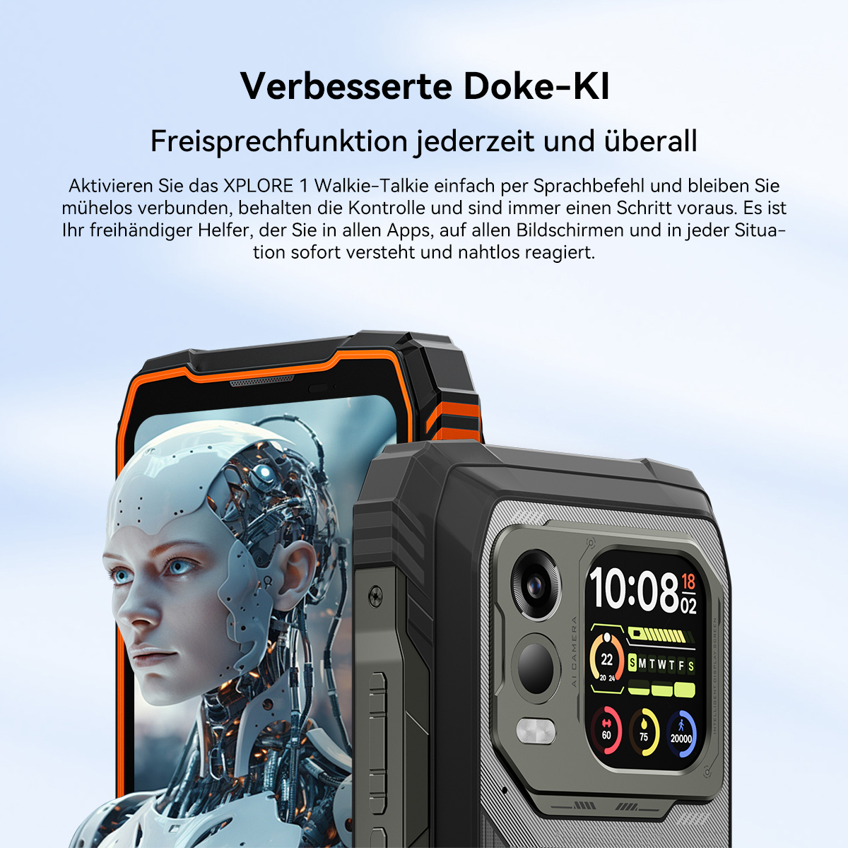 Ein Smartphone mit KI-Gesicht und Display mit Uhrzeit, Datum, Wetter und Schritten.