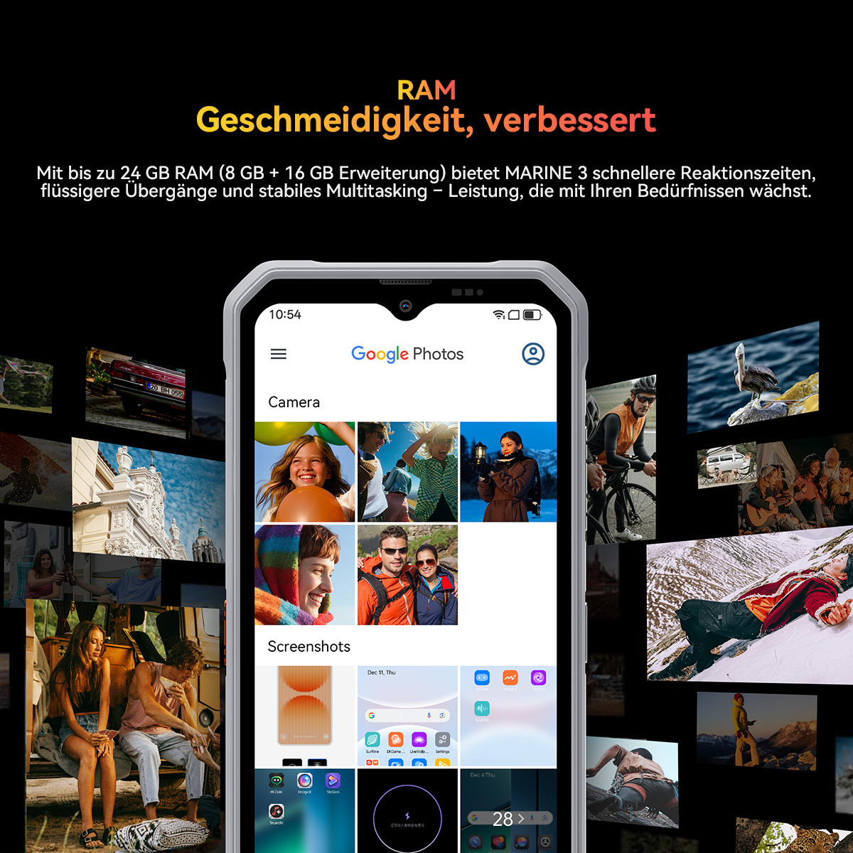 Smartphone-Display zeigt Google Fotos mit Bildern und Text über RAM-Leistung.