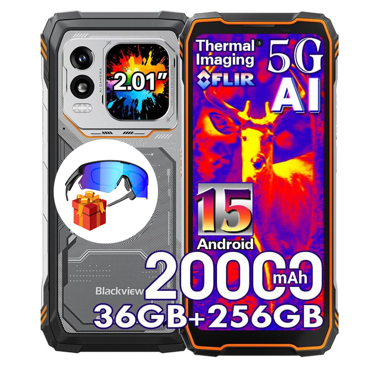 Robustes Smartphone mit Thermalbild-Display, das ein Reh zeigt. 20000 mAh Akku.