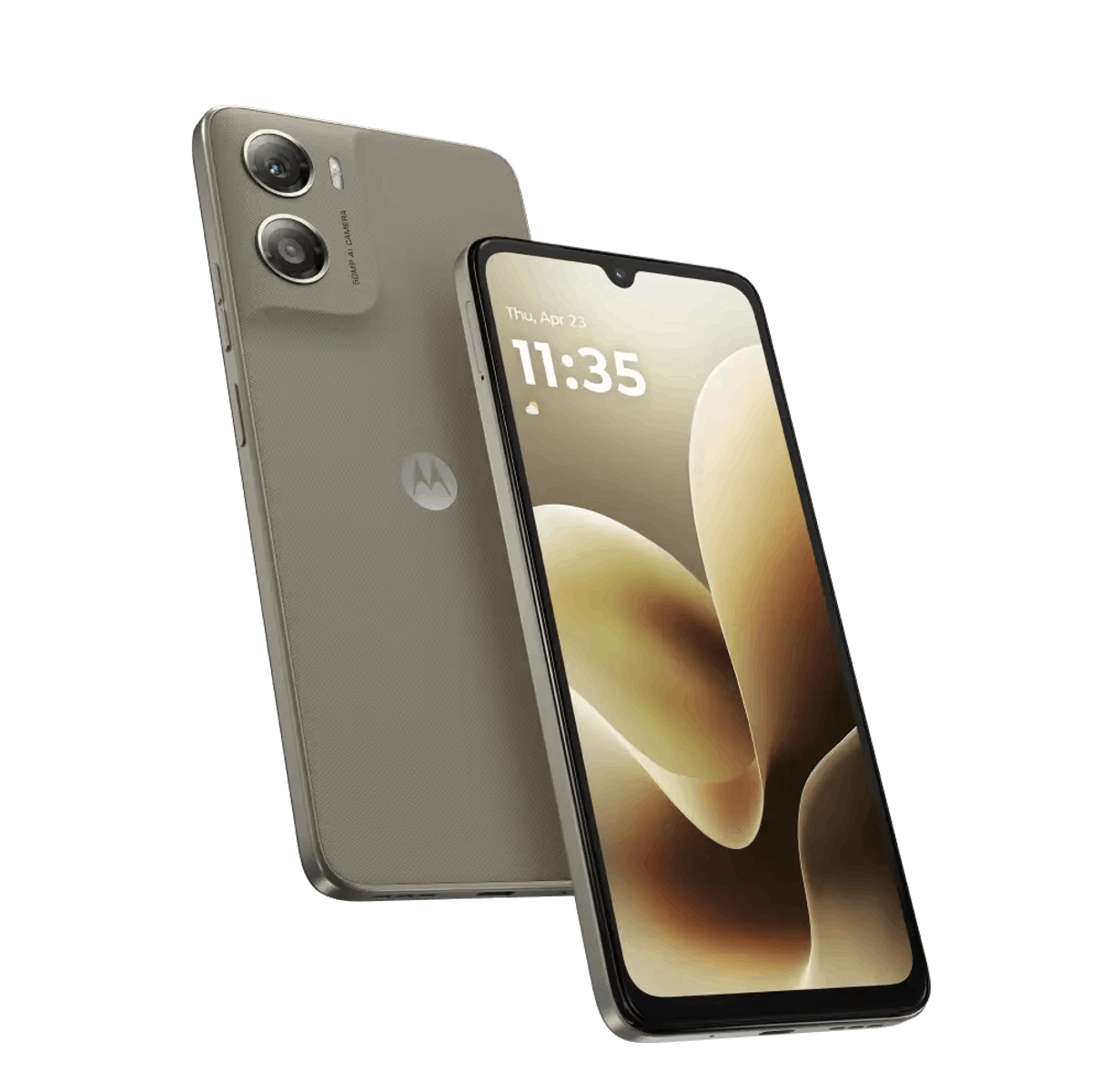 Szary smartfon Motorola z podwójnym aparatem z tyłu i ekranem wyświetlającym godzinę.