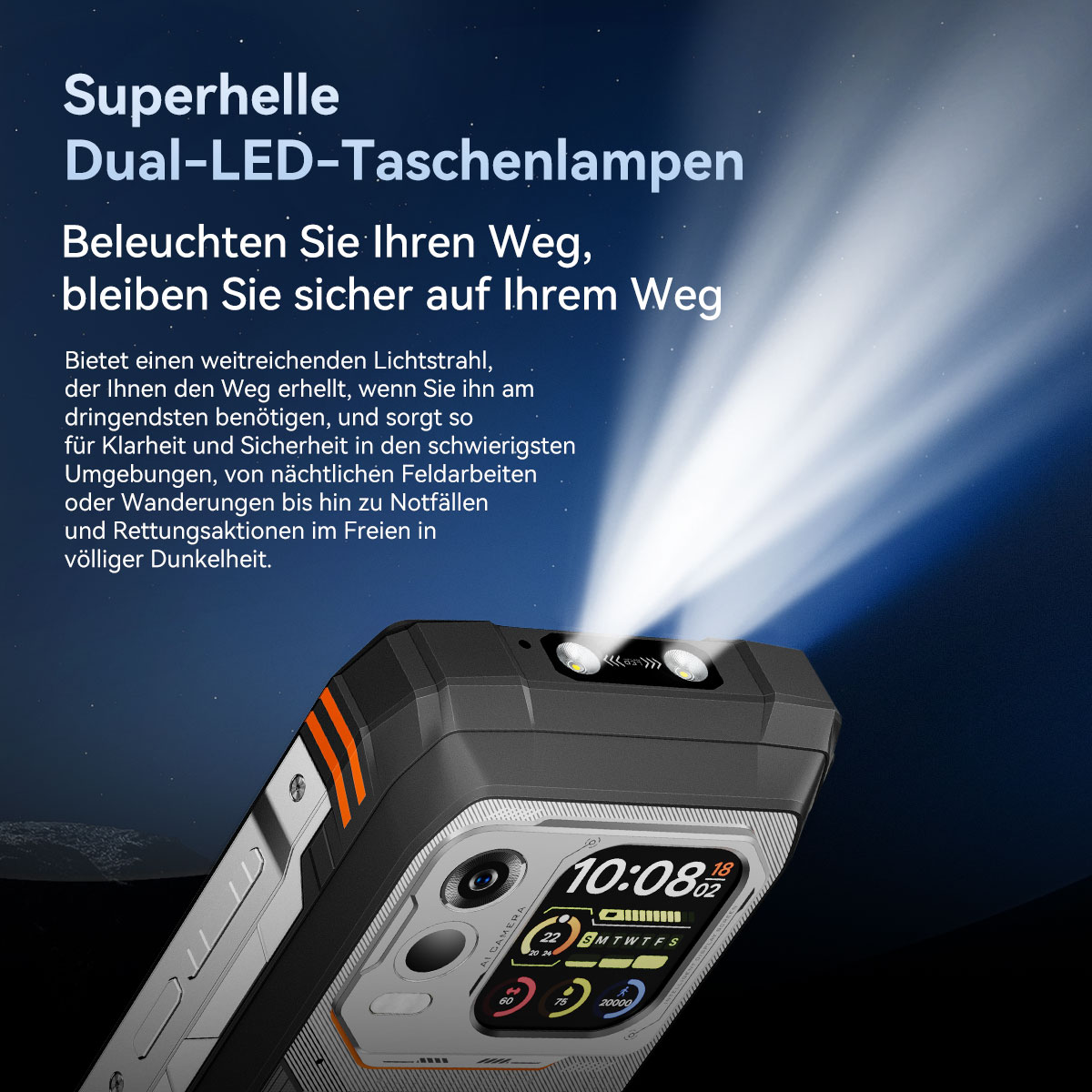 Robustes Smartphone mit zwei hellen LEDs, die einen Lichtstrahl in die Dunkelheit werfen.