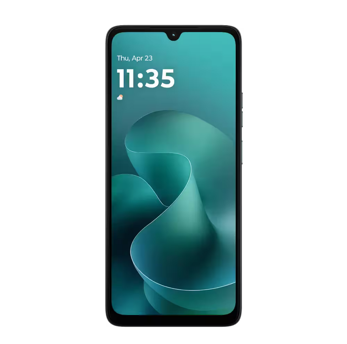 Smartfon wyświetlający 11:35 z falistym, abstrakcyjnym tłem.