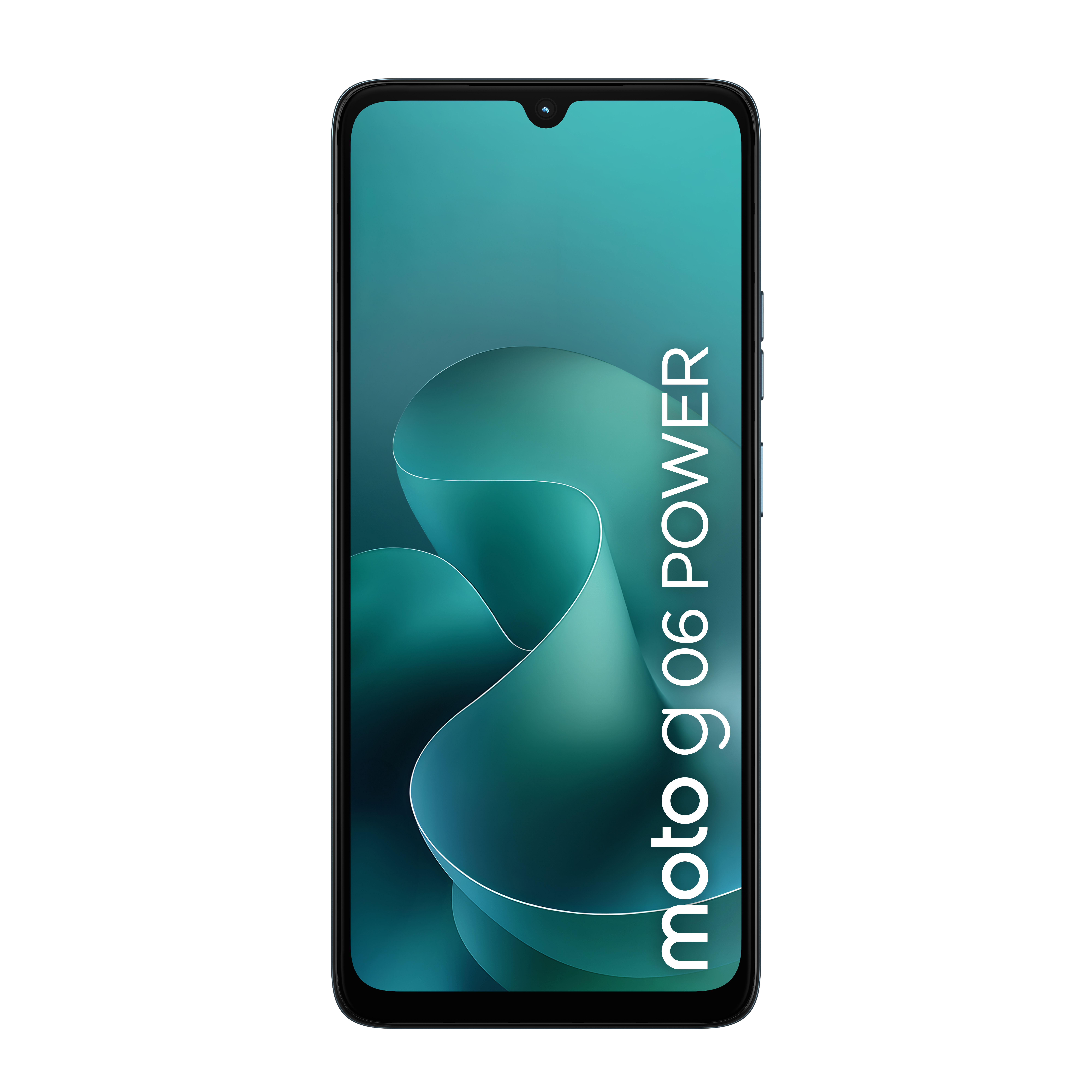 Czarny smartfon wyświetlający „moto g 06 POWER” na turkusowym ekranie.