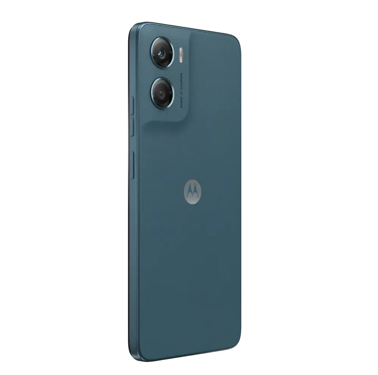 Niebieski smartfon Motorola z podwójnym aparatem z tyłu.