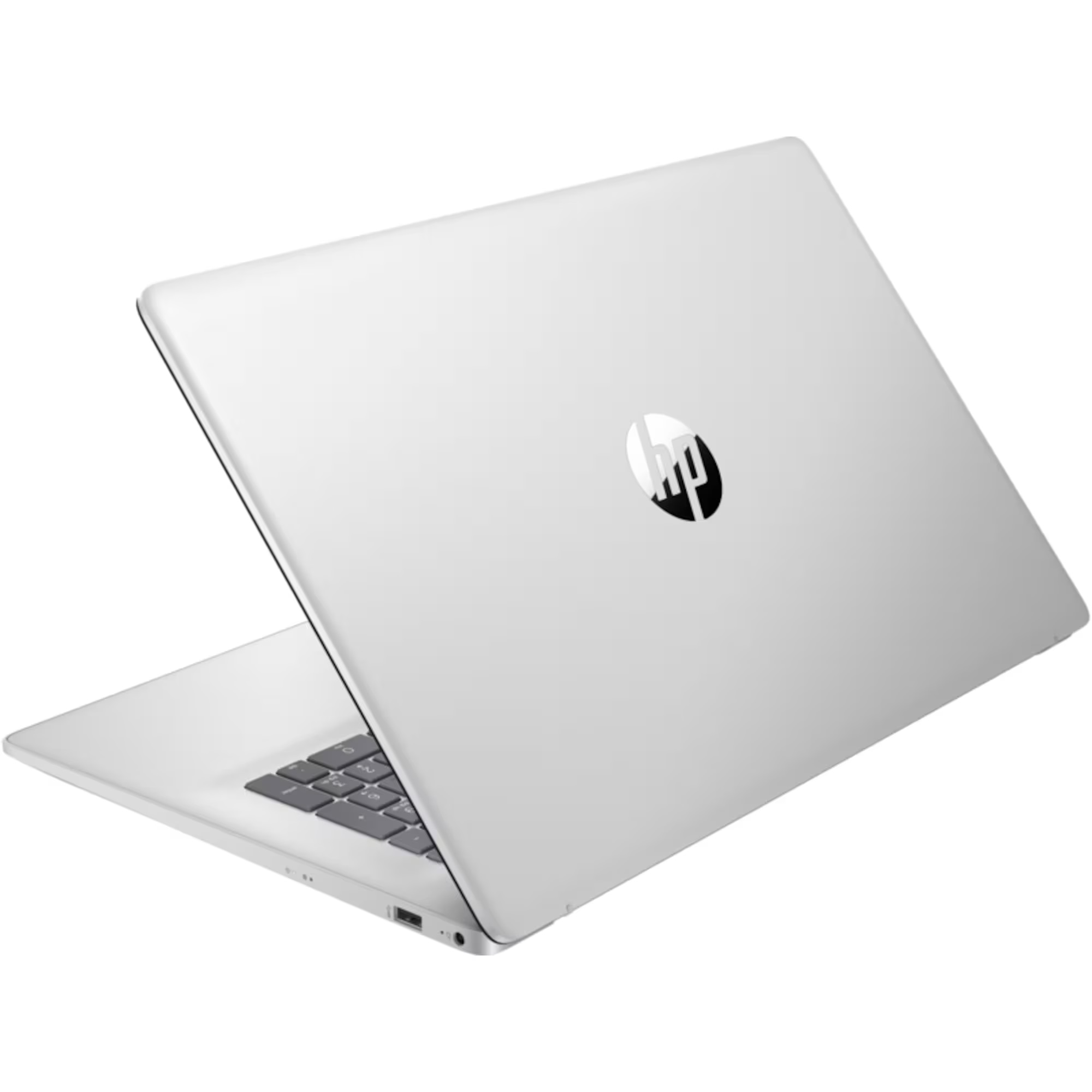 Ein silberner HP Laptop mit Tastatur und dem HP Logo auf dem Deckel.
