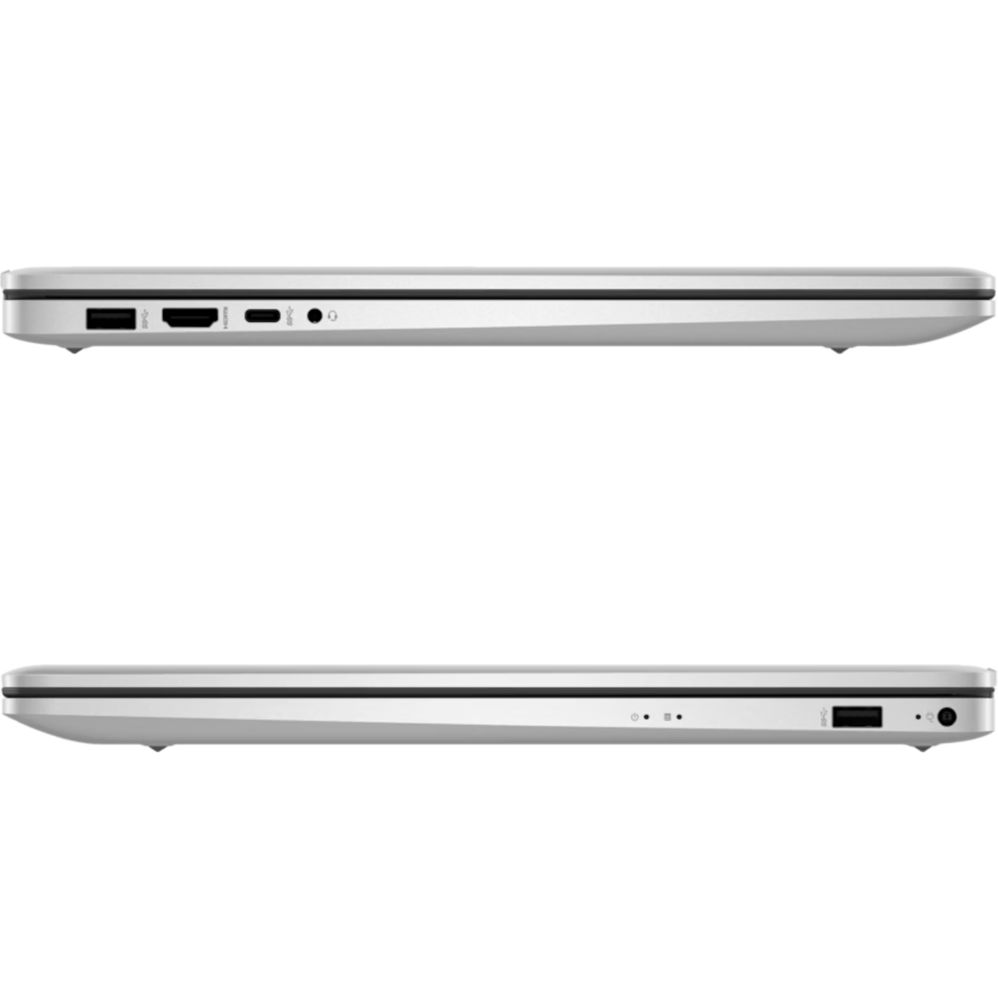 Silberner Laptop mit Anschlüssen: USB, HDMI, USB-C, Audiobuchse und SD-Kartenleser.