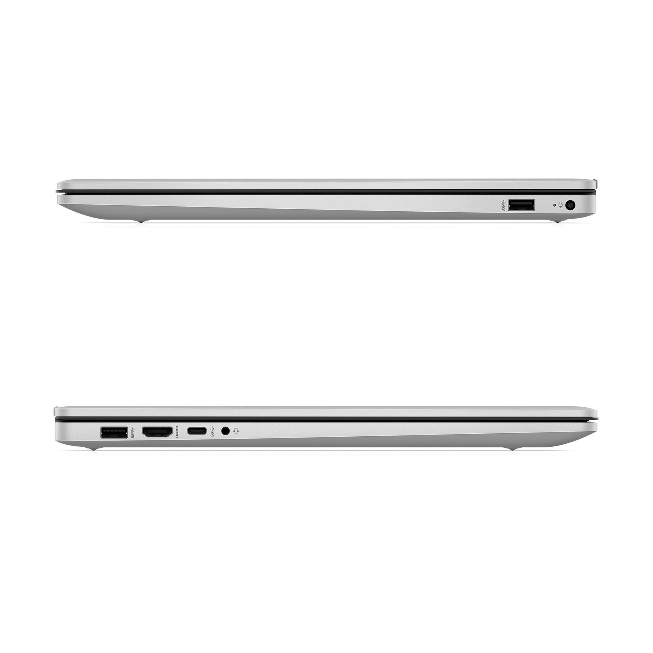 Ein silberner Laptop von der Seite mit Anschlüssen.