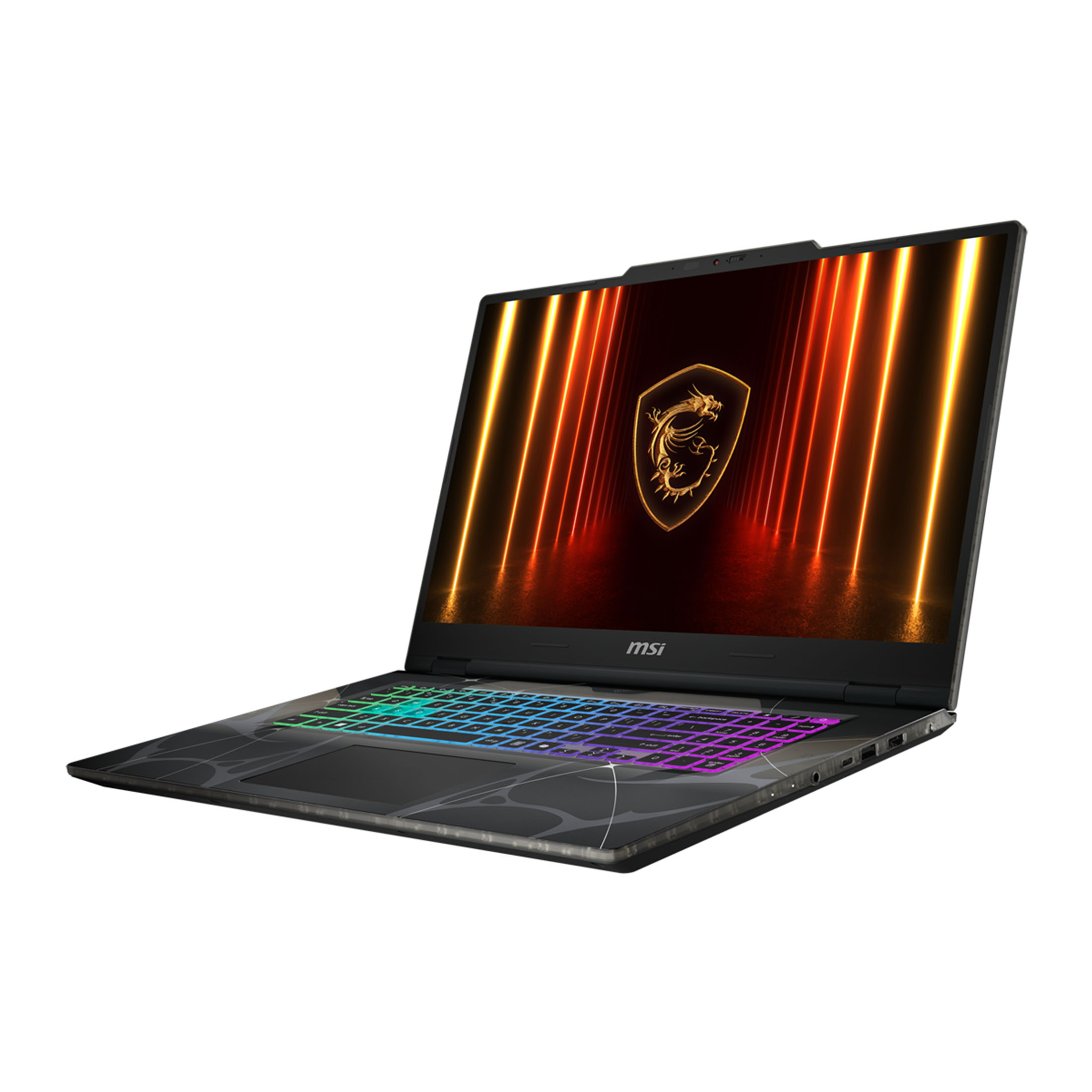 Ein schwarzer MSI-Laptop mit beleuchteter Tastatur und einem Drachenlogo auf dem Bildschirm.