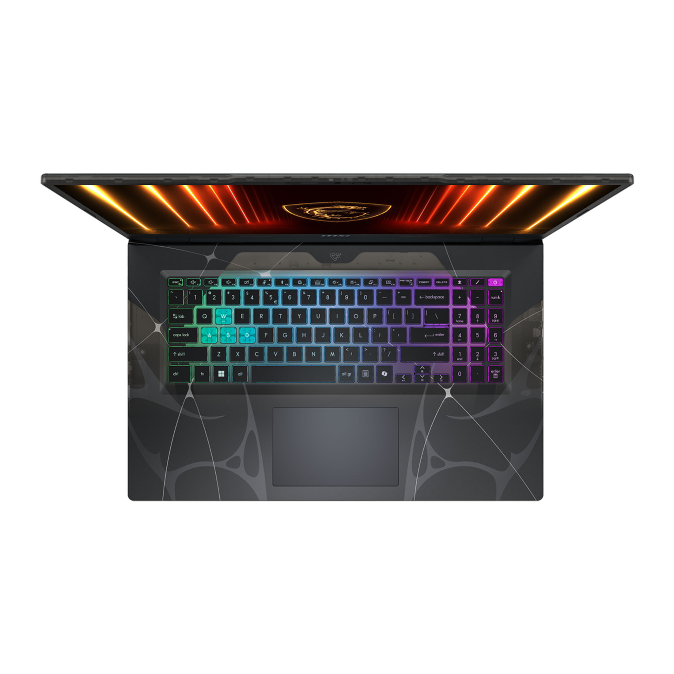 Draufsicht auf ein geöffnetes Laptop mit schwarzem Gehäuse und farbiger Tastaturbeleuchtung.