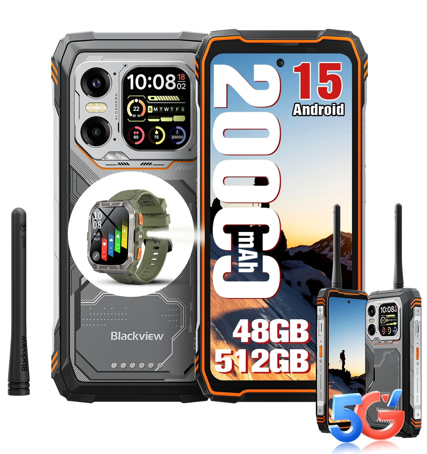 Rugged Smartphone mit Smartwatch, Antenne und Funkgeräten. 20000mAh Akku.