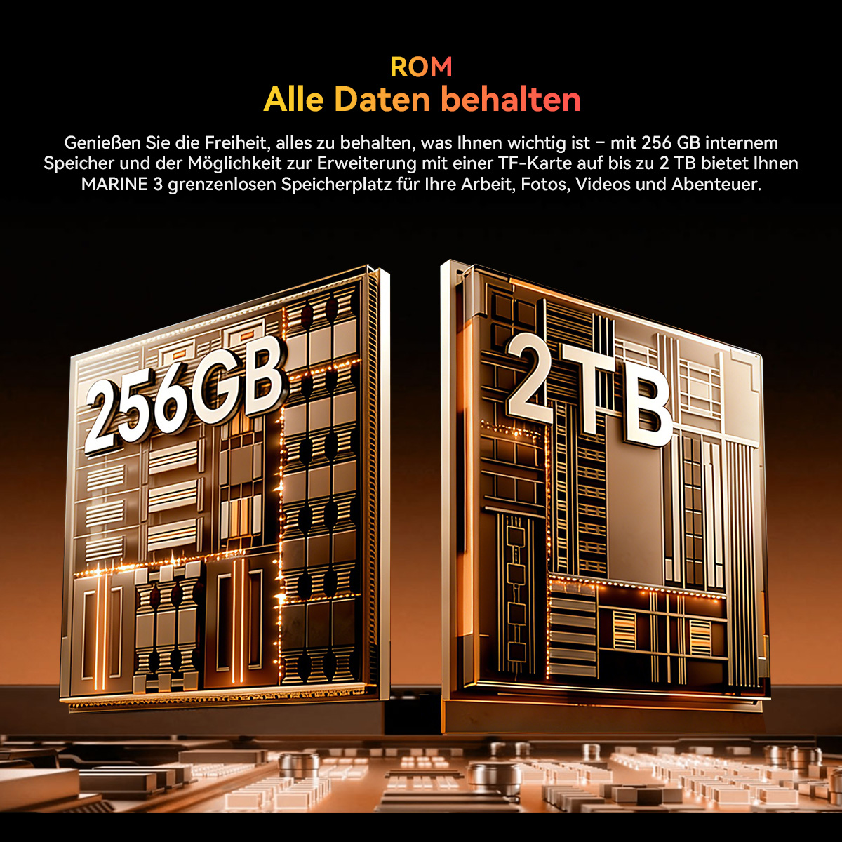 Zwei Module, 256GB und 2TB Speicherplatz, auf einer Leiterplatte.