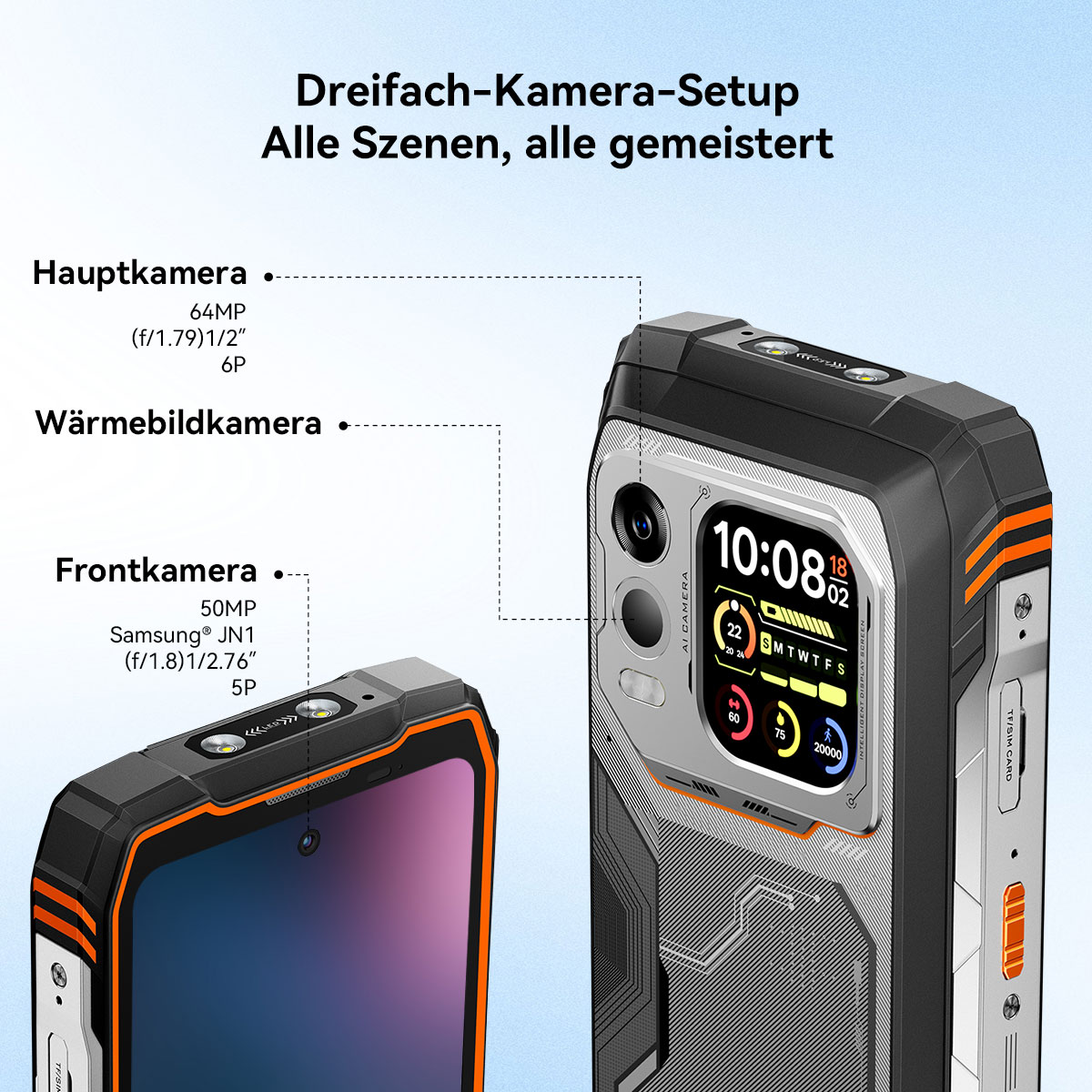 Robustes Smartphone mit drei Kameras: Haupt-, Wärme- und Frontkamera.