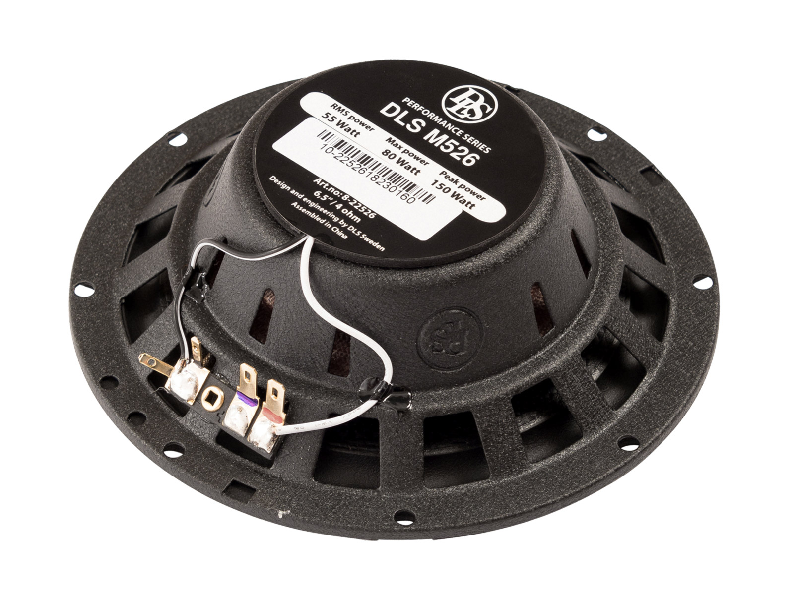 Ein schwarzer Lautsprecher mit Beschriftung, der DLS M526, mit 55 Watt RMS.