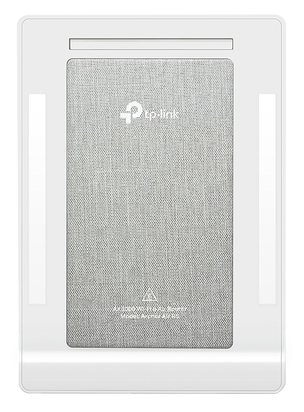 Białe urządzenie TP-Link z szarym panelem z siatki materiałowej.