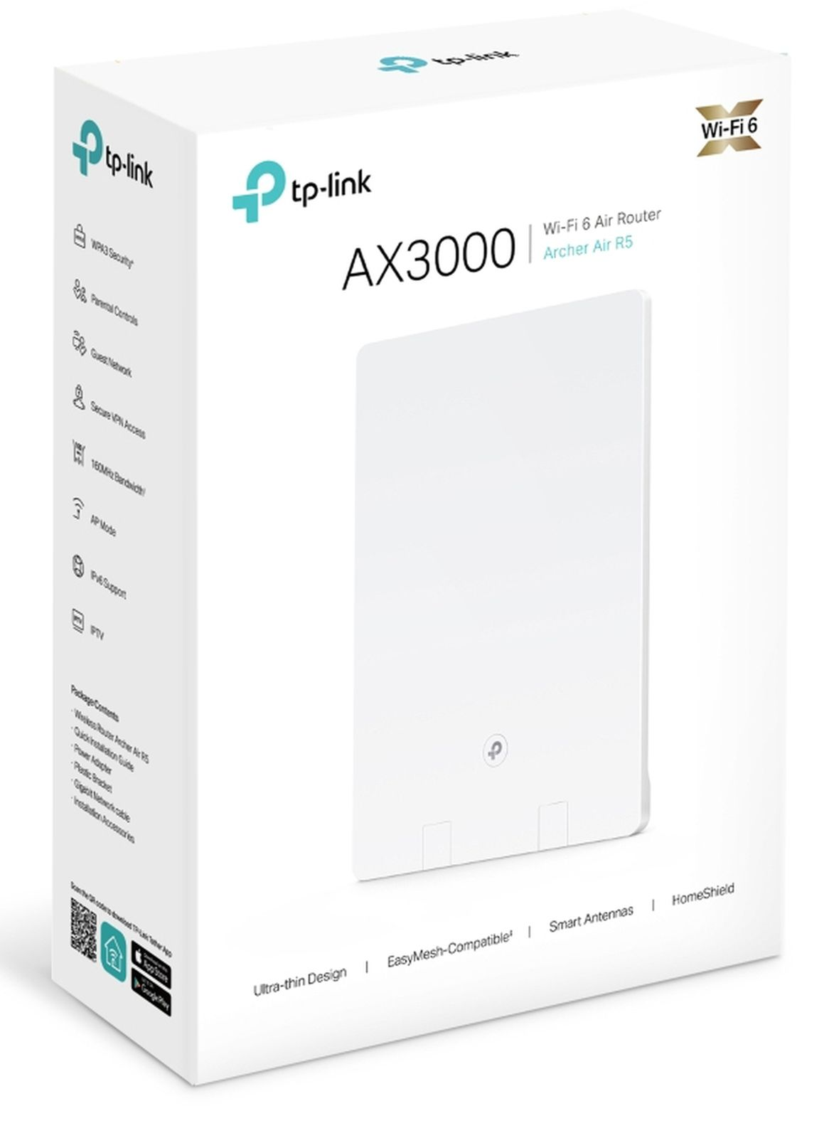 Router TP-Link AX3000 Wi-Fi 6 na opakowaniu, z funkcjami takimi jak WPA3 i EasyMesh.