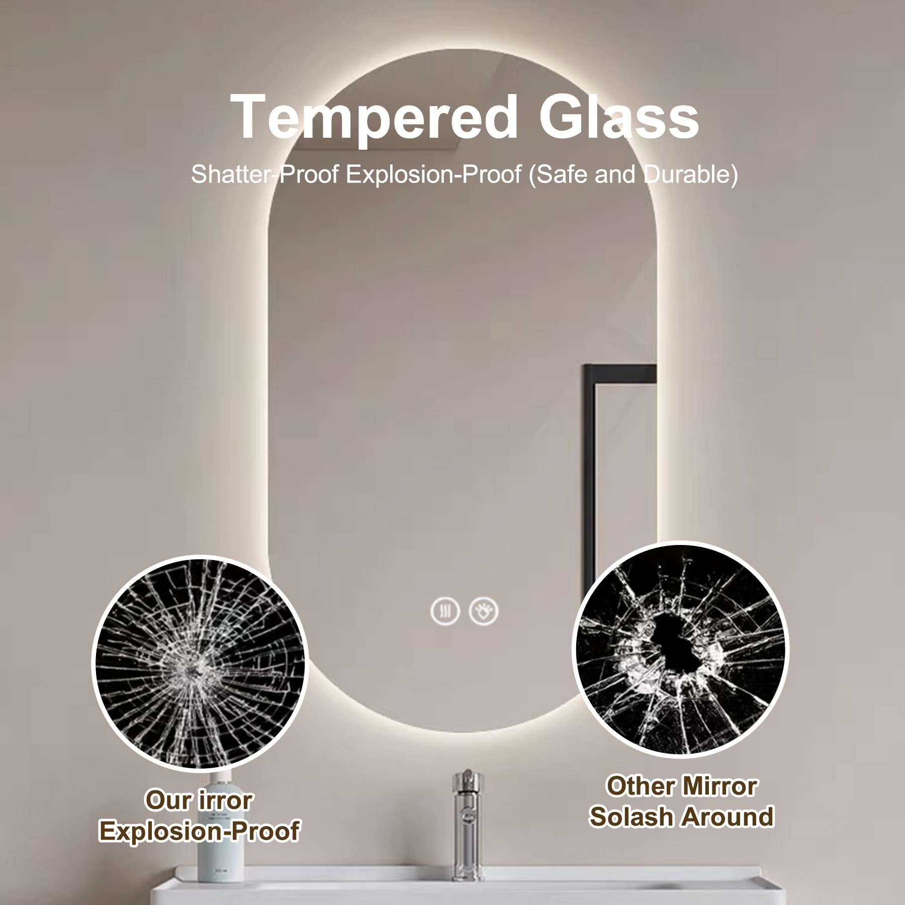 Ein beleuchteter Spiegel zeigt zwei Kreise mit zerbrochenem Glas.
