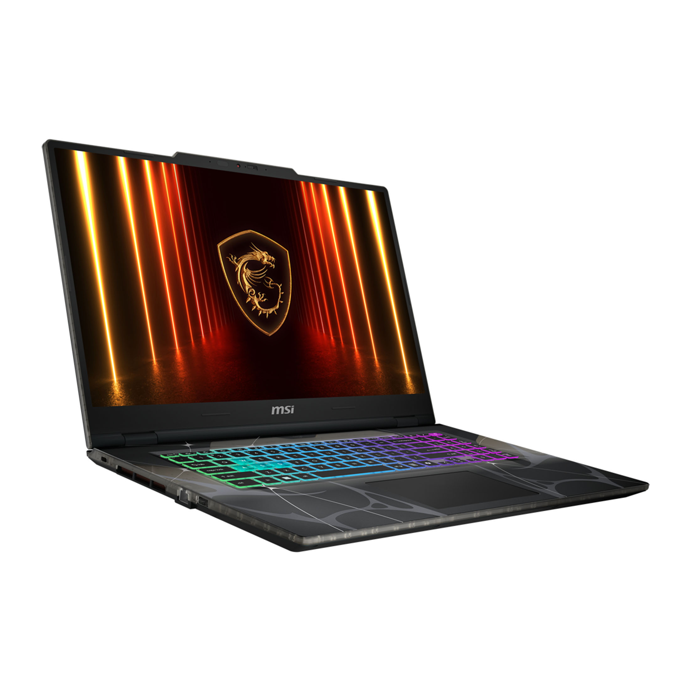 Ein MSI-Laptop mit beleuchteter Tastatur und Drachenlogo auf dem Bildschirm.