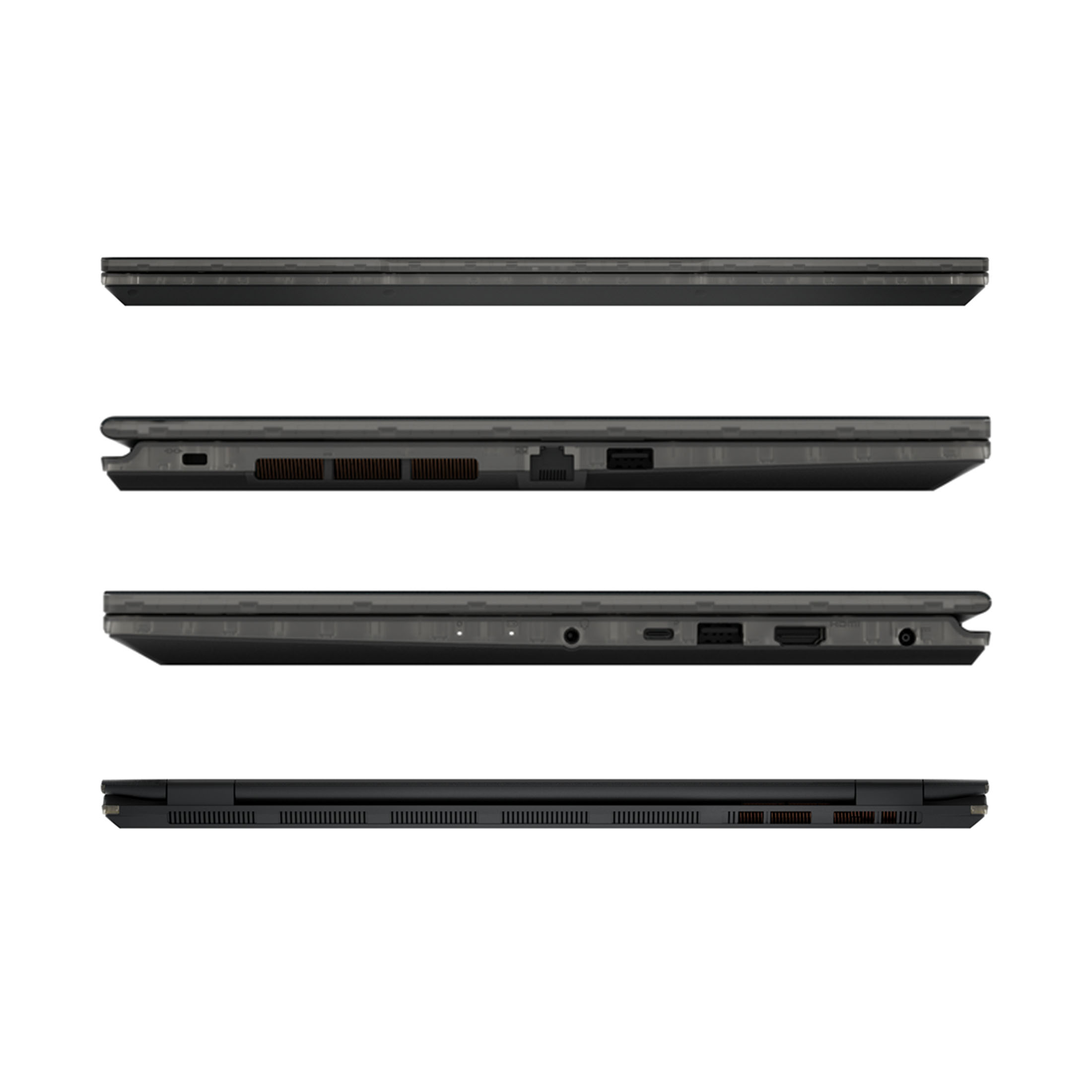 Vier Ansichten eines schwarzen Laptops von der Seite, wobei die Anschlüsse hervorgehoben sind.