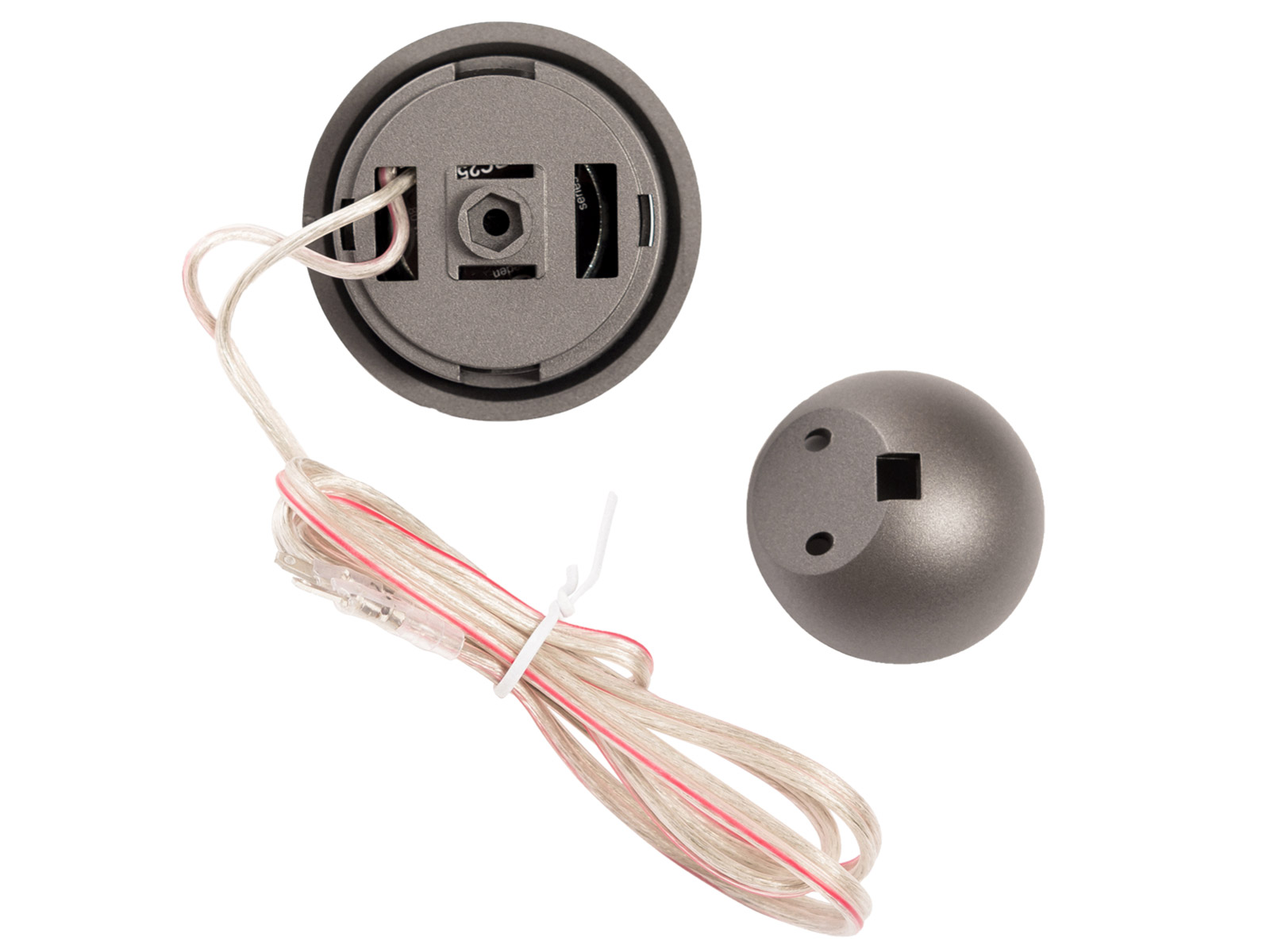 Grauer Lautsprecheraufsatz mit Kabel. Weiße und rote Drähte.