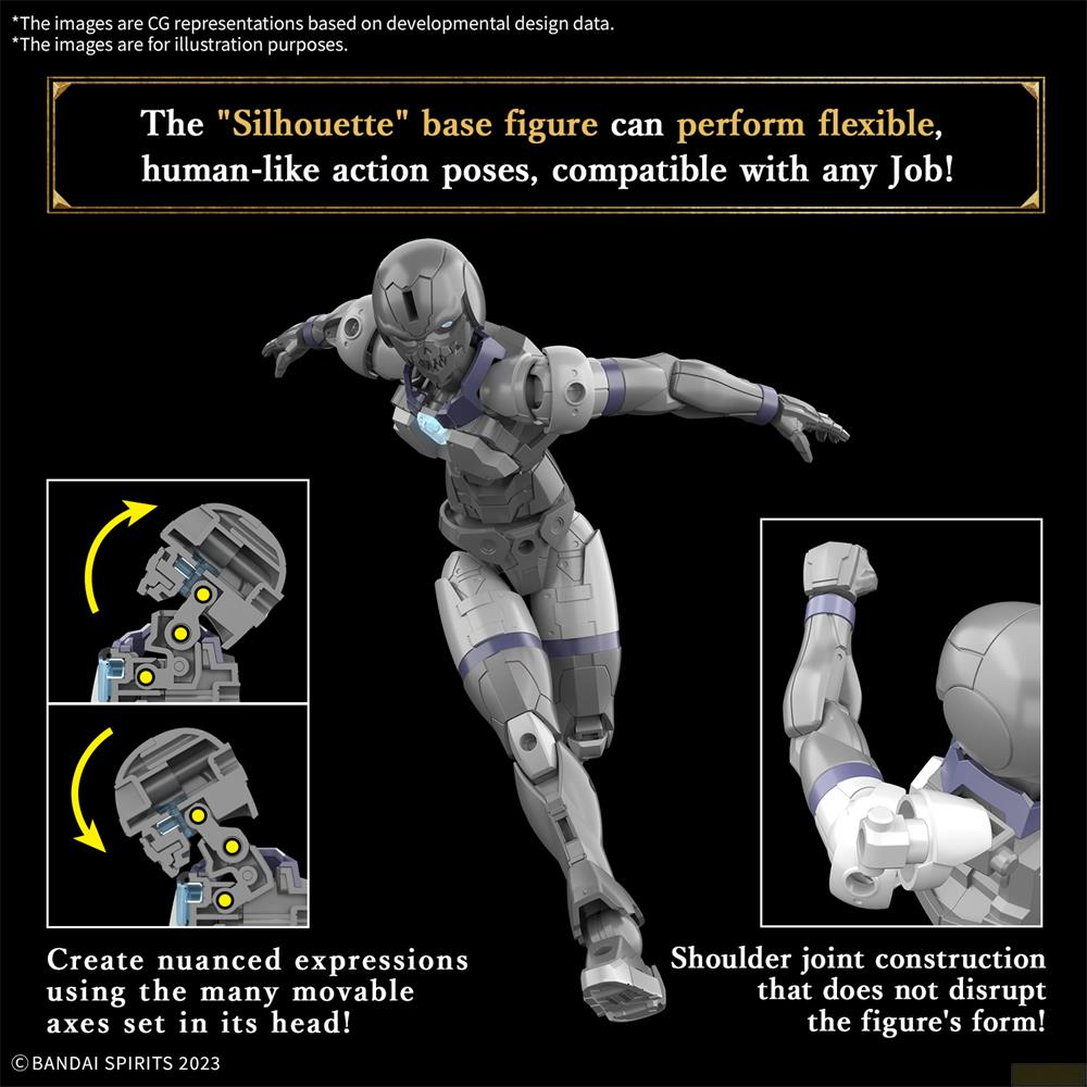 Graue Figur in Pose, mit Details zu Kopf und Schultergelenk.