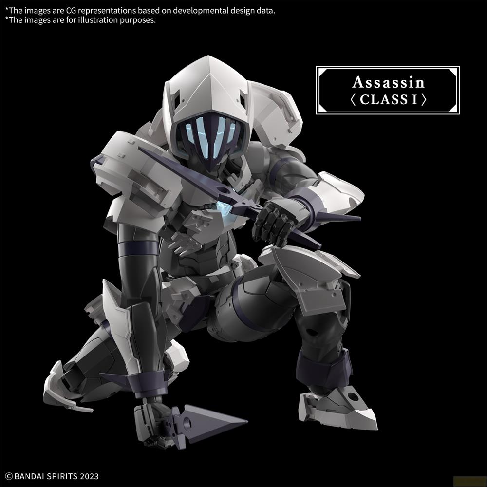 Ein weiß gepanzerter Assassin-Figur in Hocke mit Speeren.