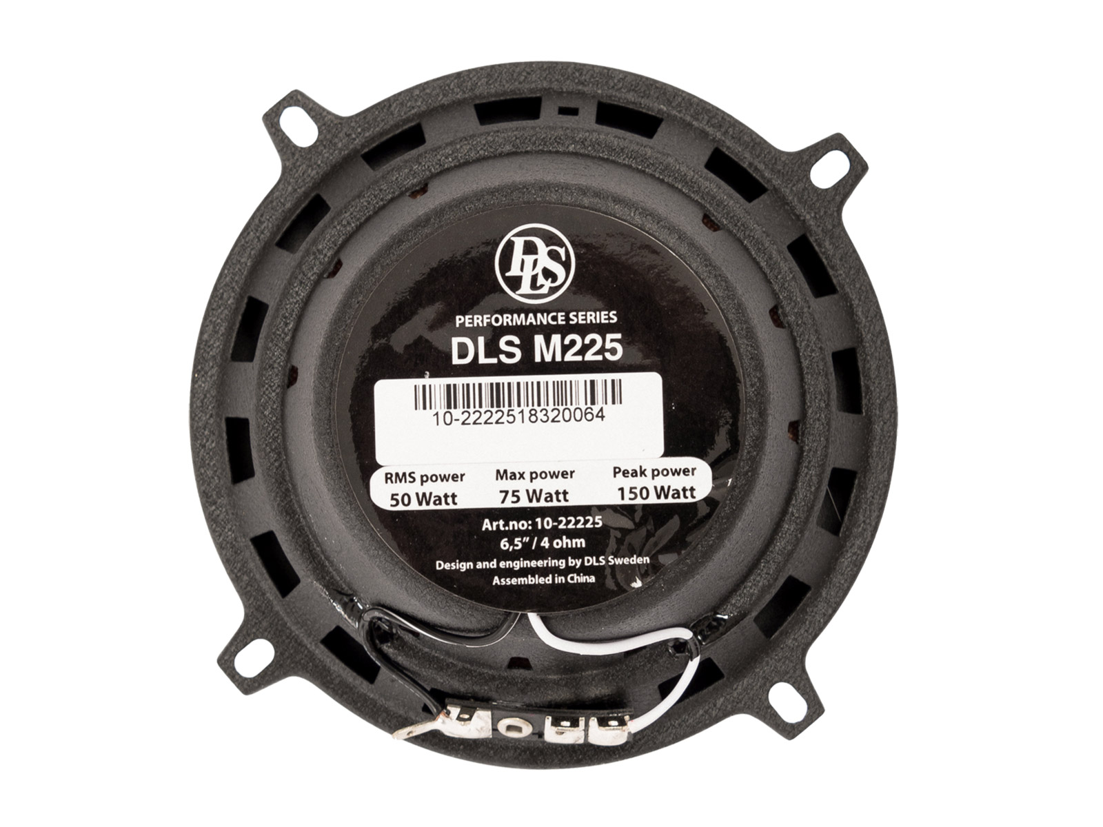 Rückseite eines DLS M225 Lautsprechers mit technischen Daten wie 50W RMS.