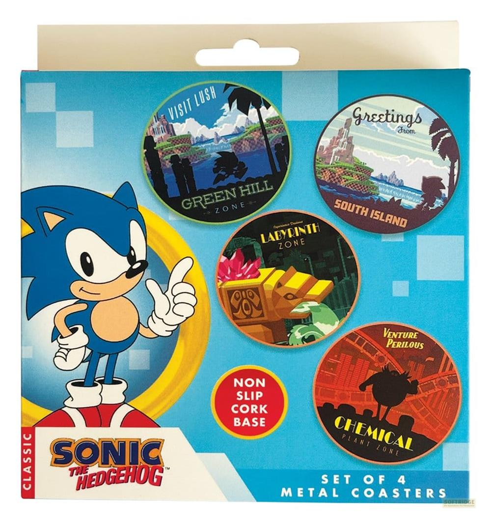 Sonic the Hedgehog-Coaster-Set mit 4 Stück. Zeigt Sonic, Green Hill, South Island, Labyrinth & Chemical Plant Zonen.