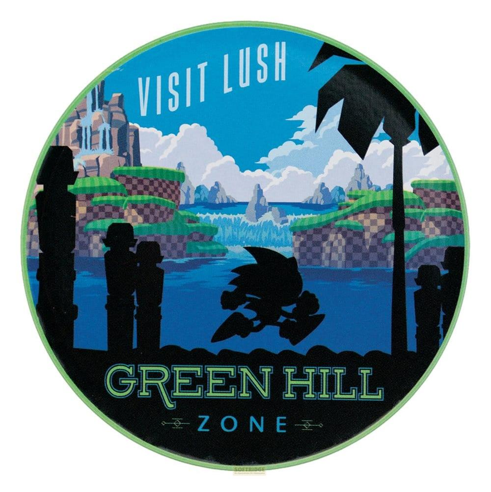 Sonic rennt durch die Green Hill Zone mit Wasserfällen und Palmen.