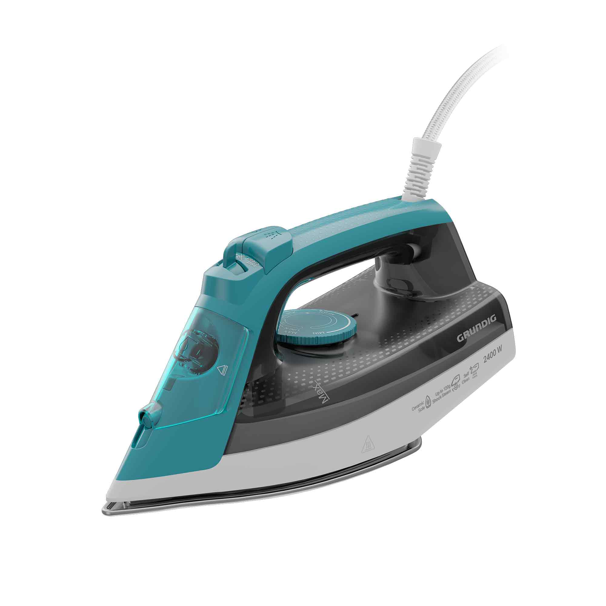 Türkis-grauer Dampfbügeleisen mit weißem Kabel und Grundig Logo.