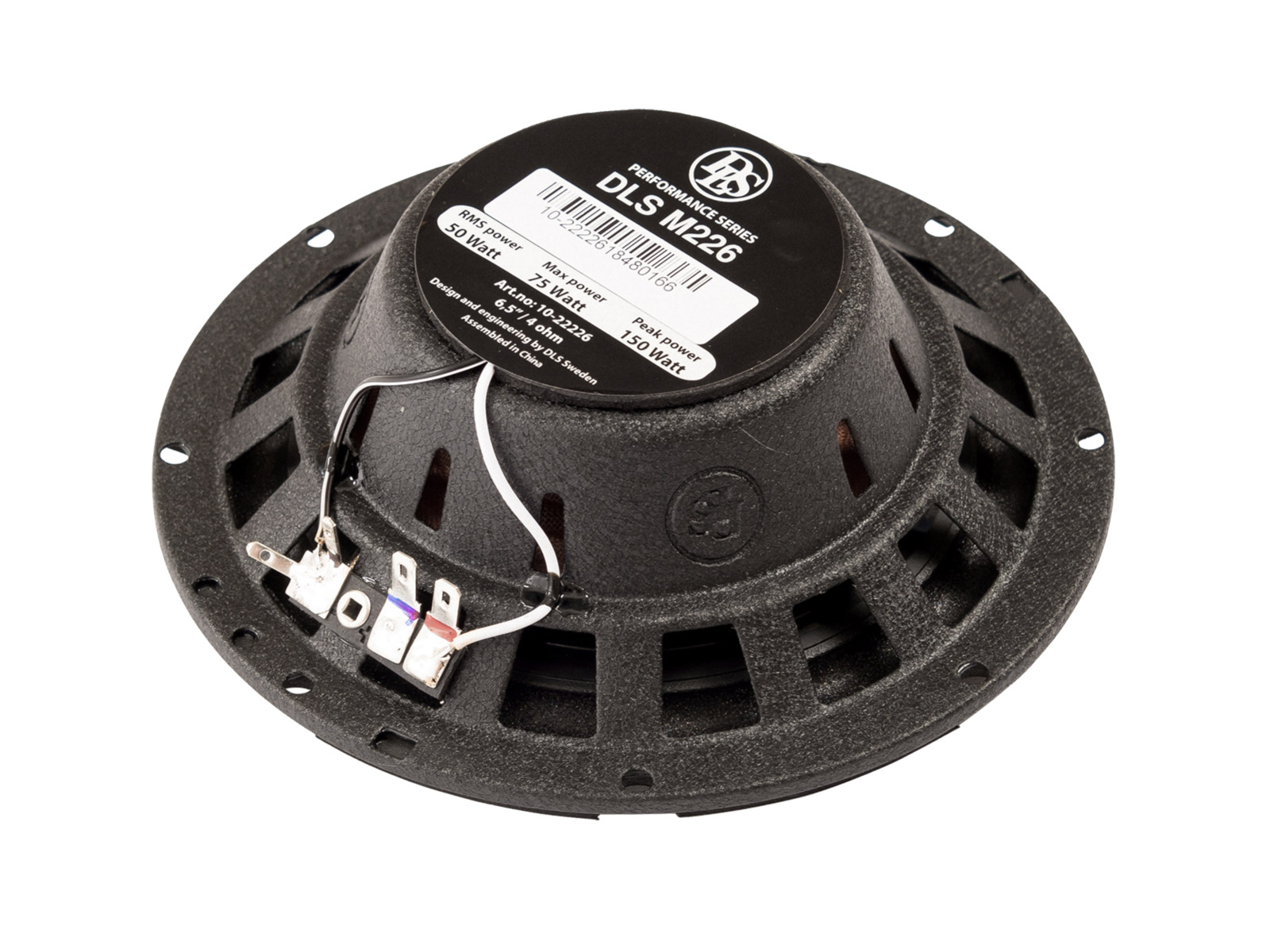 Schwarzer Lautsprecher mit Datenaufkleber, 50W RMS, 75W max, 150W Peak.