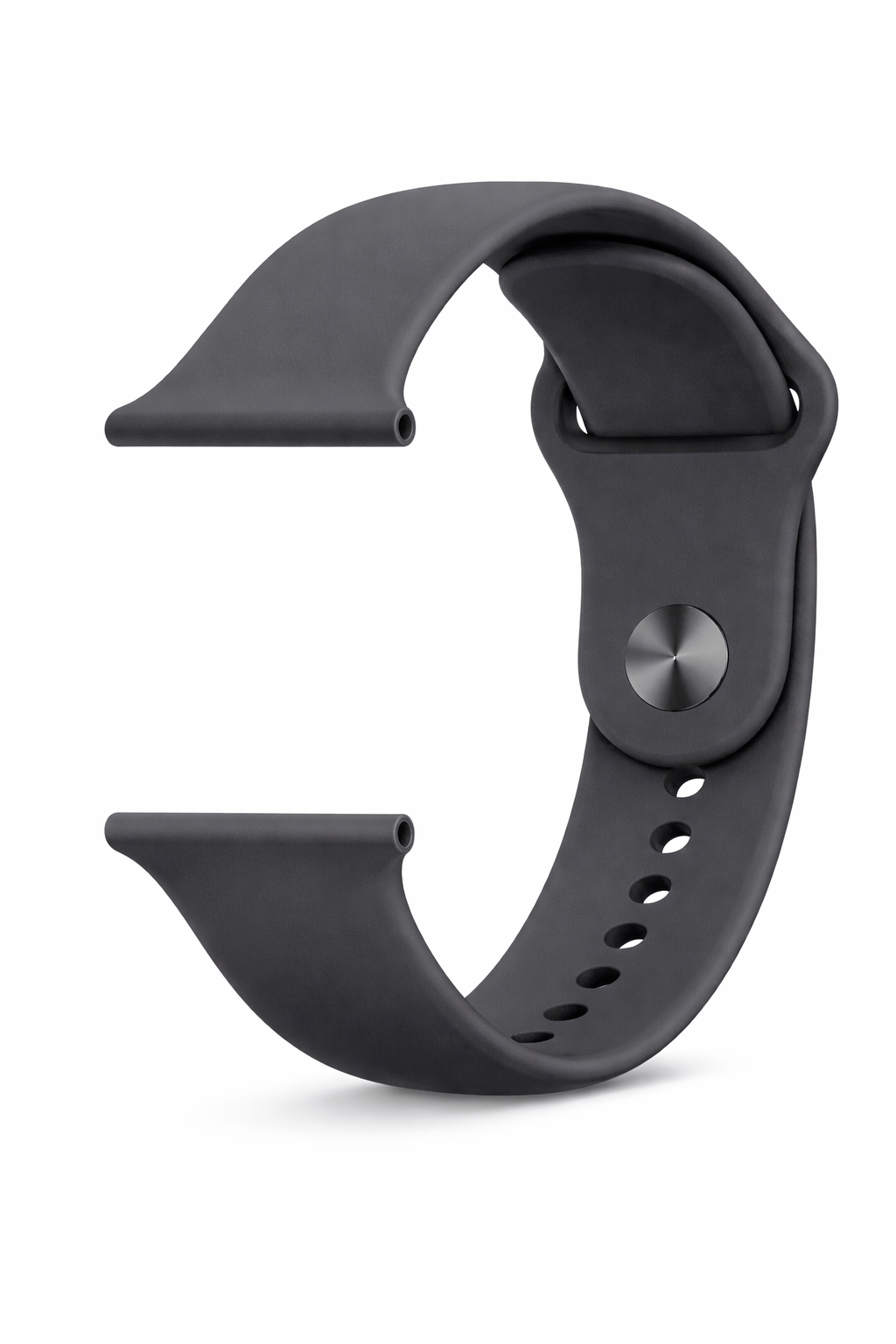 Ein dunkles, flexibles Armband mit silbernem Knopf und Löchern.