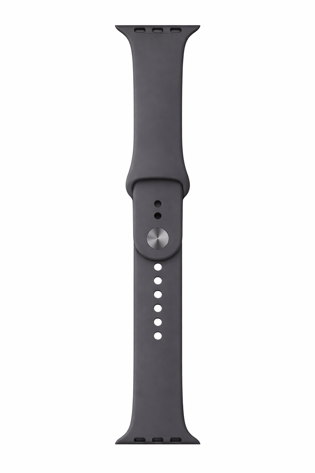 Ein dunkelgraues Uhrenarmband ist vertikal auf weißem Hintergrund zentriert, mit einer silbernen runden Schnalle und Verstelllöchern.