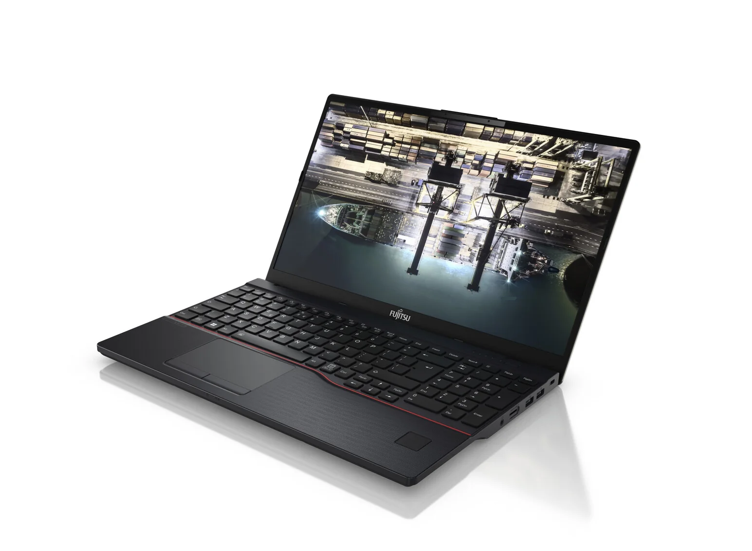 Schwarzer Fujitsu Laptop mit Tastatur, Touchpad und Bildschirm, der einen Hafen zeigt.