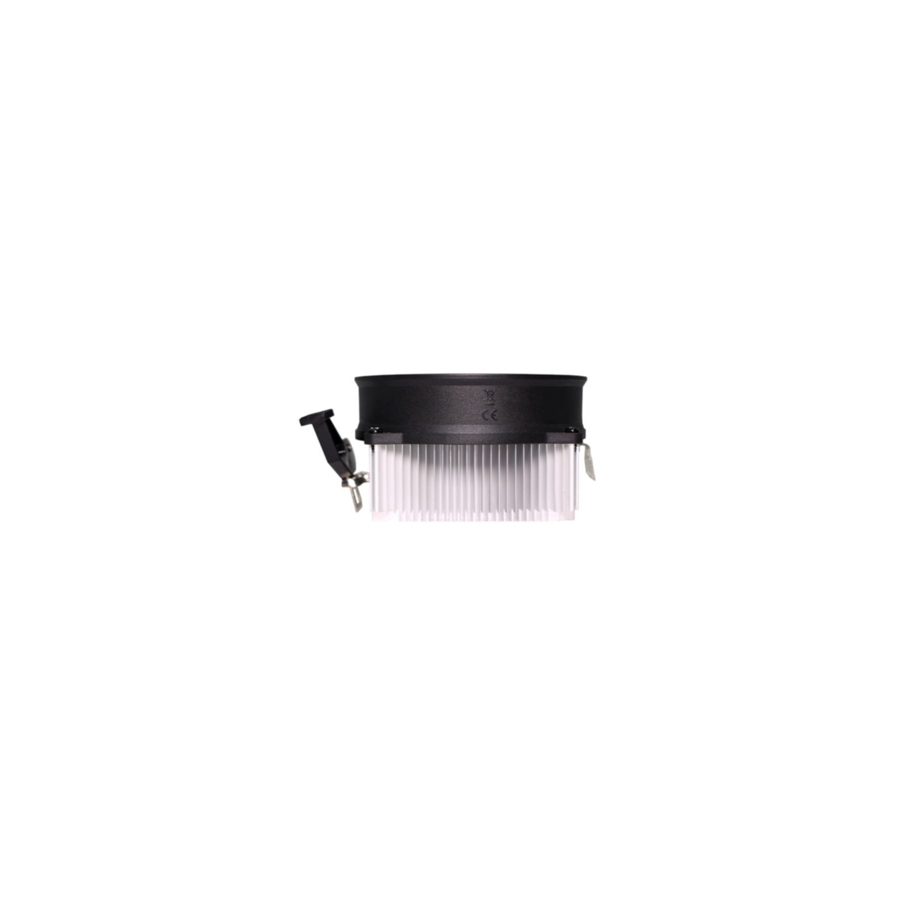 Een zwarte ventilator met aluminium koellichaam, met CE-markering.
