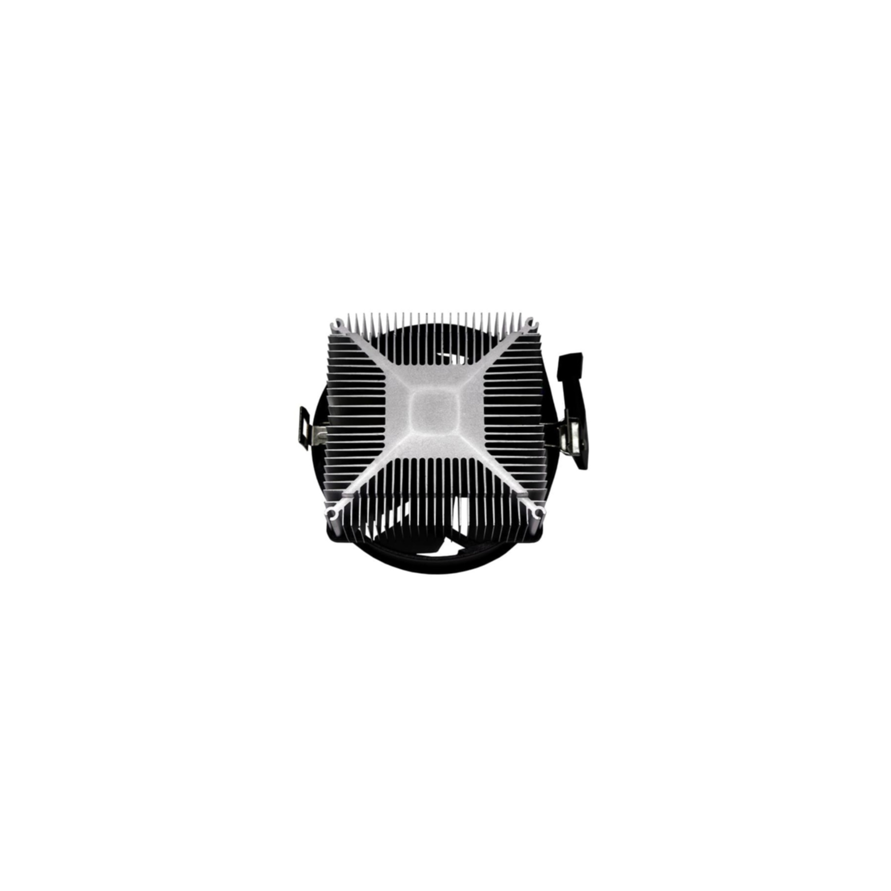 Een zilverkleurige CPU-koeler met ventilator en koelribben.