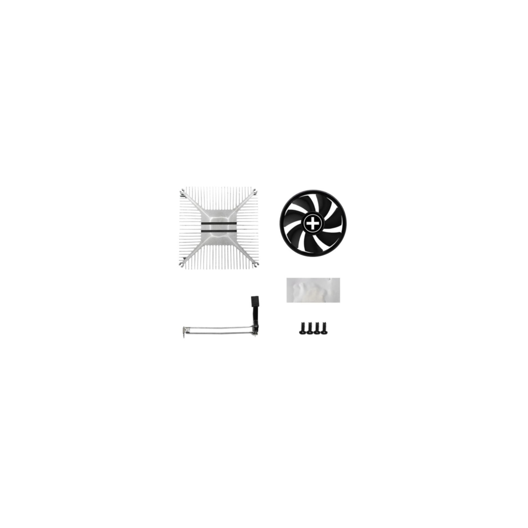 Een CPU-koeler set met ventilator, koellichaam, beugel en schroeven.