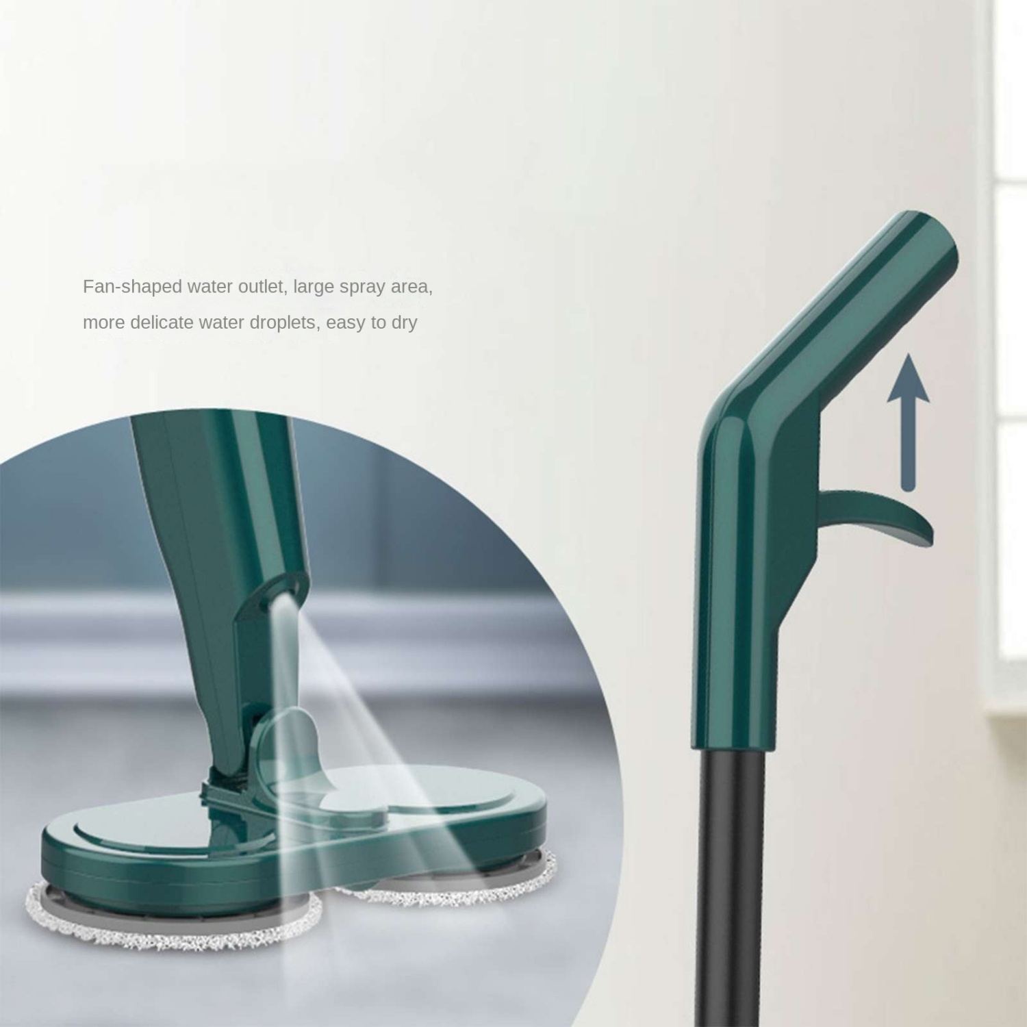 Grüne Mop sprüht Wasser aus seinem fächerförmigen Auslass auf den Boden.
