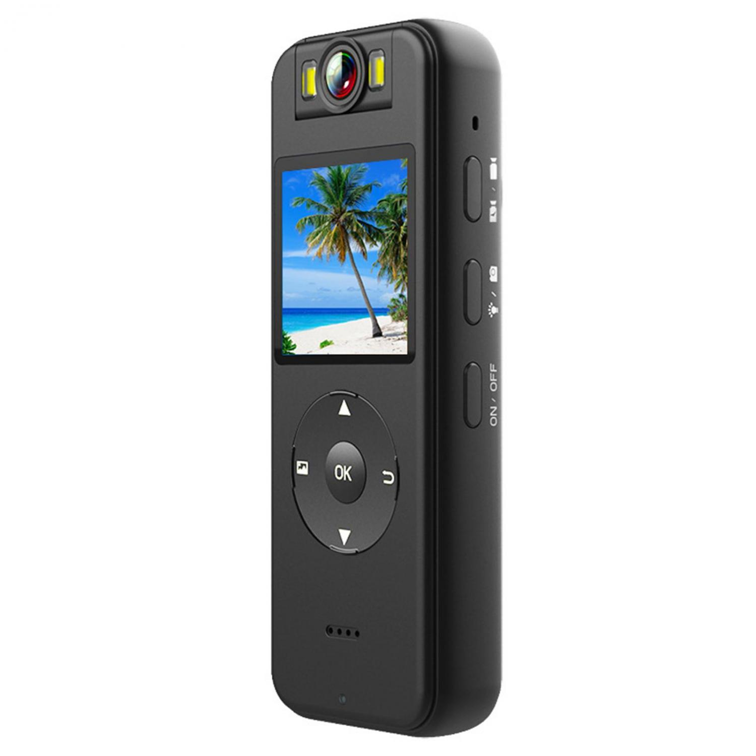 Schwarzer tragbarer Camcorder mit Strandmotiv auf dem Bildschirm.
