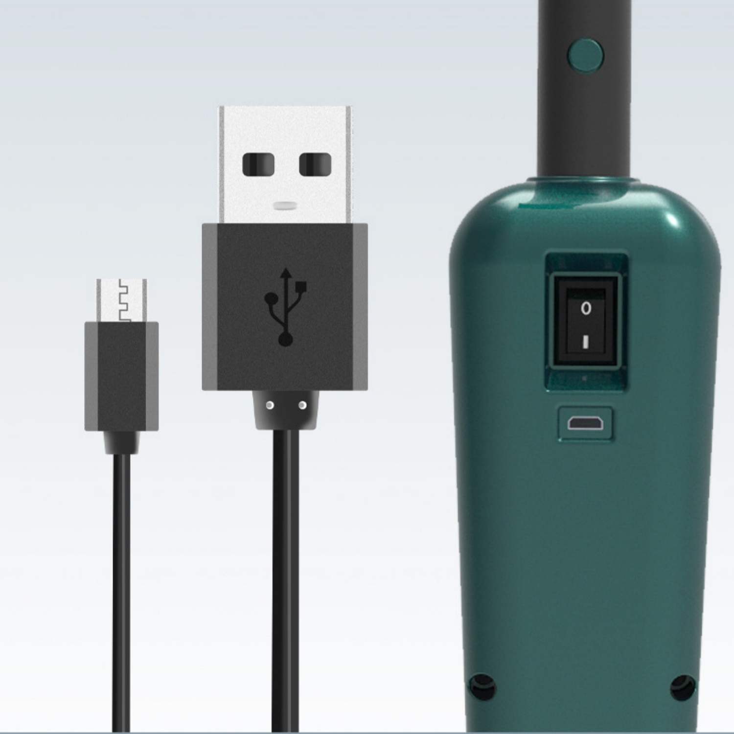 Zwei USB-Kabel, ein Micro-USB und ein USB-A, und ein grünes Gerät mit Schalter.