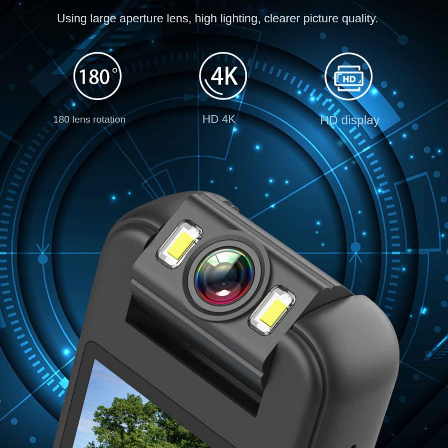 Kamera mit 180-Grad-Drehung, 4K-Auflösung und HD-Display.