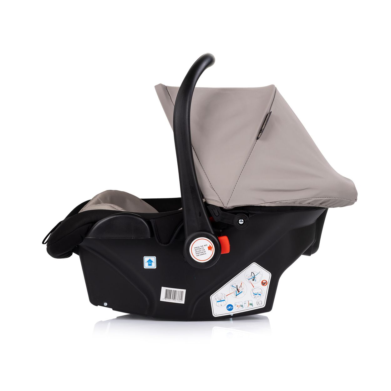 Schwarze Babyschale mit verstellbarem, beigem Verdeck und Griff.