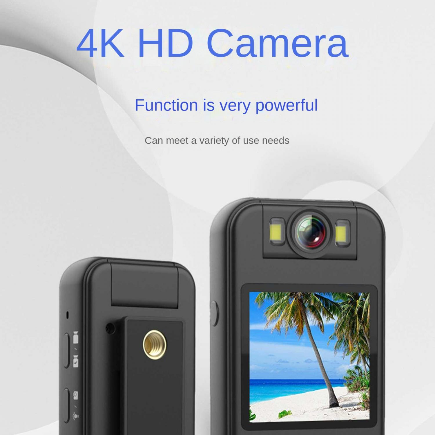 Eine 4K HD-Kamera mit zwei Ansichten. Die Vorderseite zeigt einen Strand mit Palmen. Die Rückseite zeigt ein Stativgewinde.