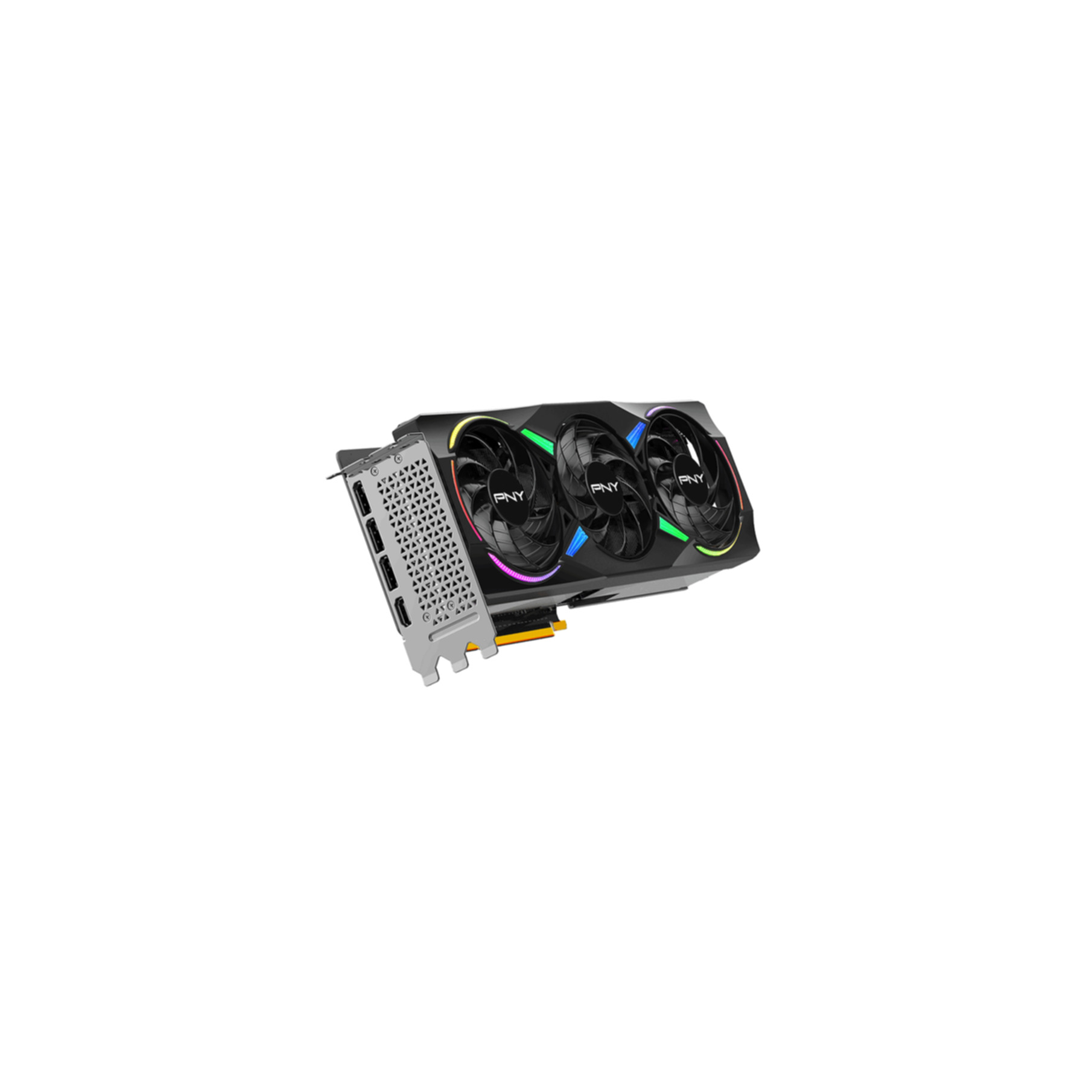 A black graphics card with three fans and RGB lighting.
