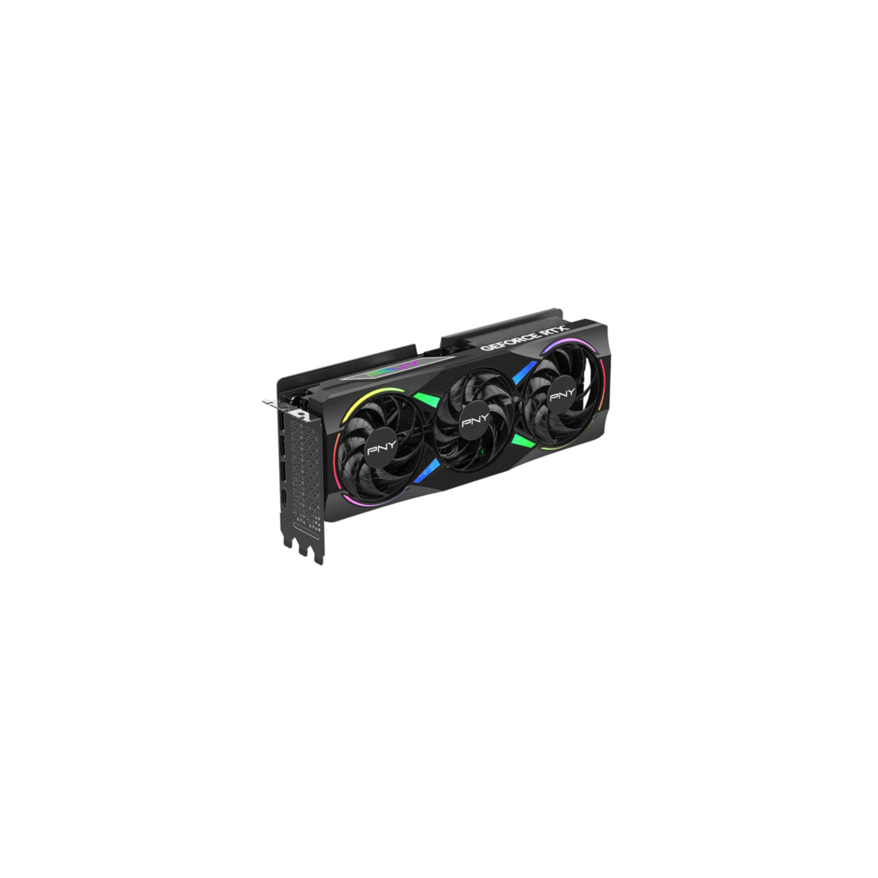 Black graphics card with three fans and RGB lighting.