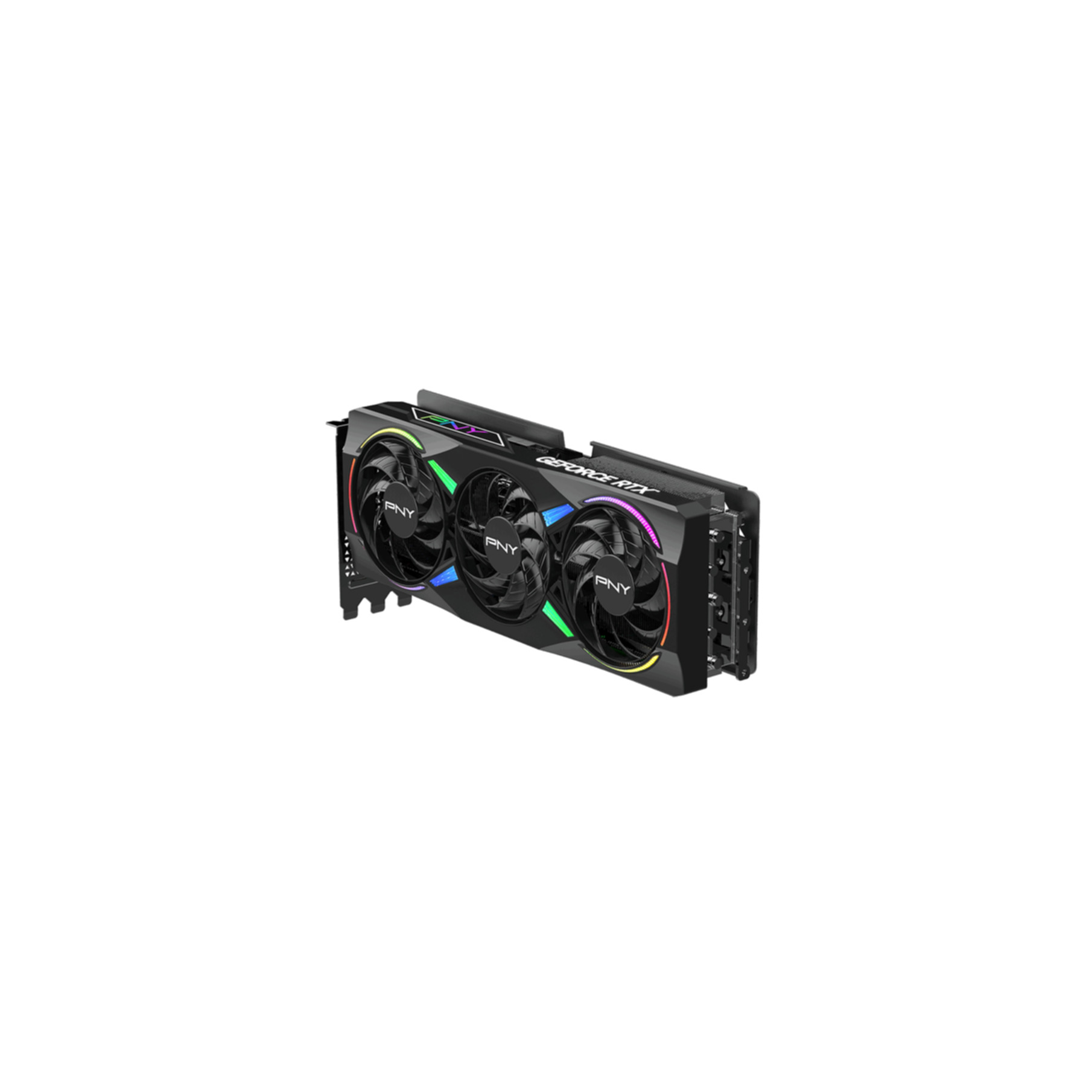 A black graphics card with three fans and RGB lighting.