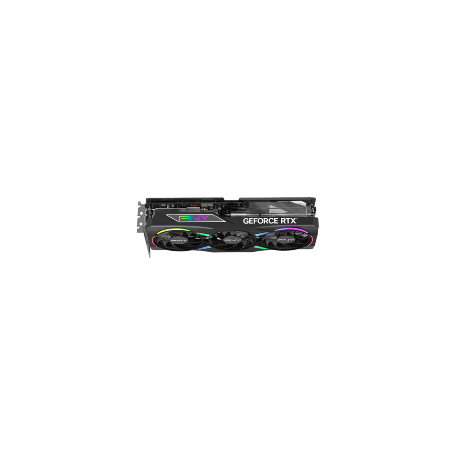A graphics card with three fans and RGB lighting.