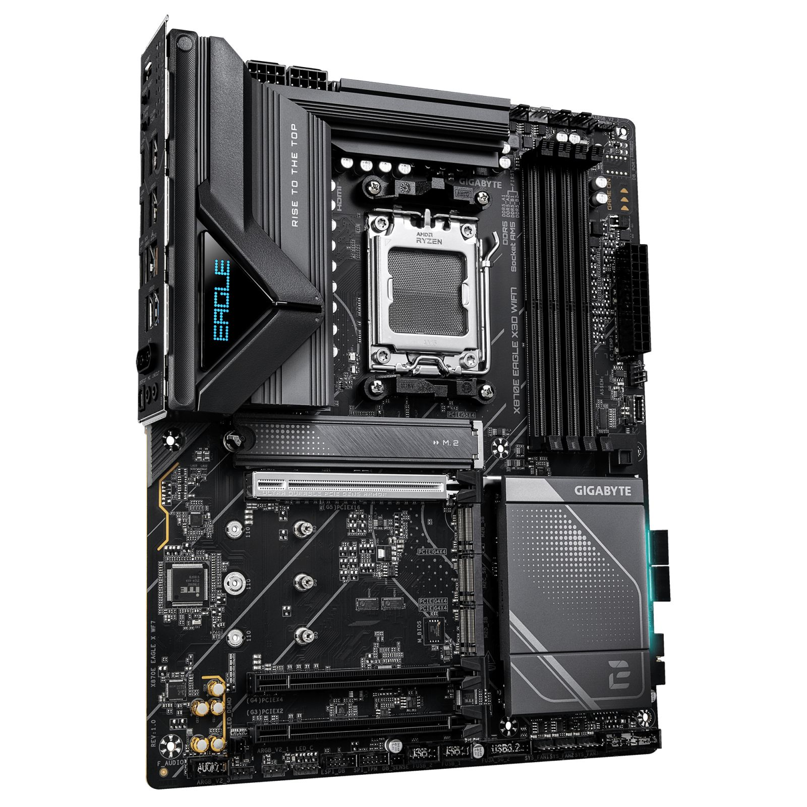 Schwarzes Motherboard mit CPU-Sockel, RAM-Steckplätzen und M.2-Slot.