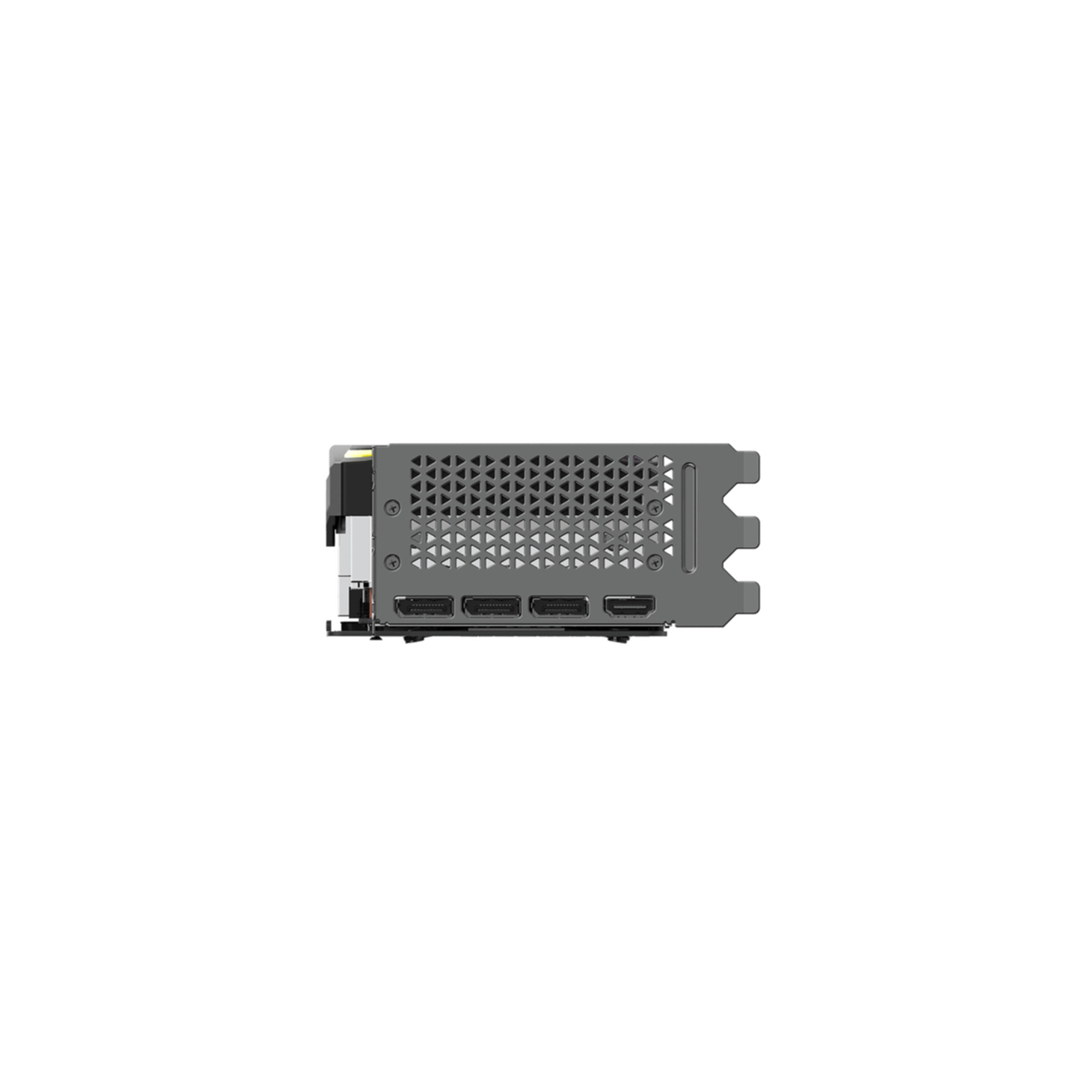Gray graphics card with a vented shroud and three ports.