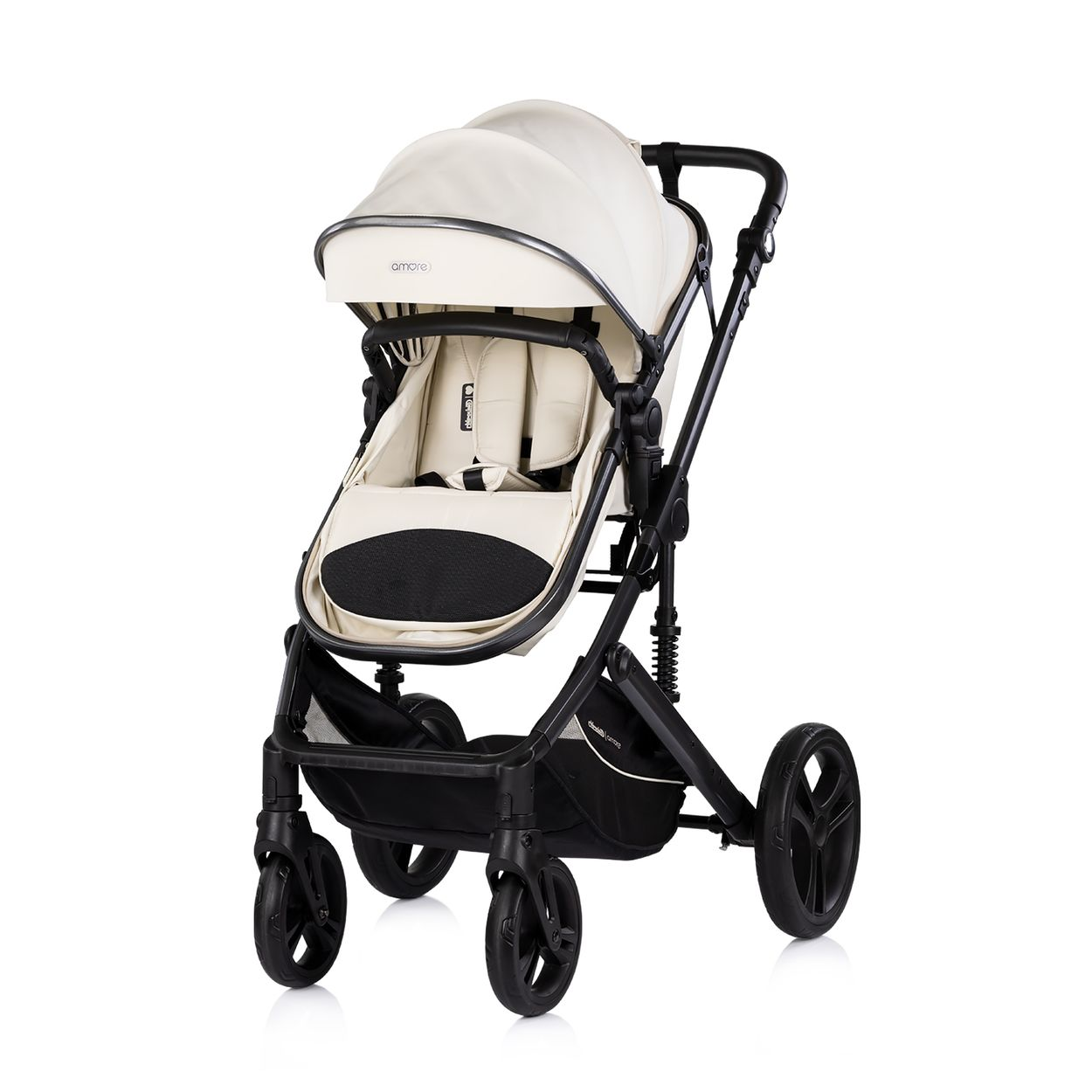 Ein cremefarbener Kinderwagen mit schwarzem Gestell und Rädern.