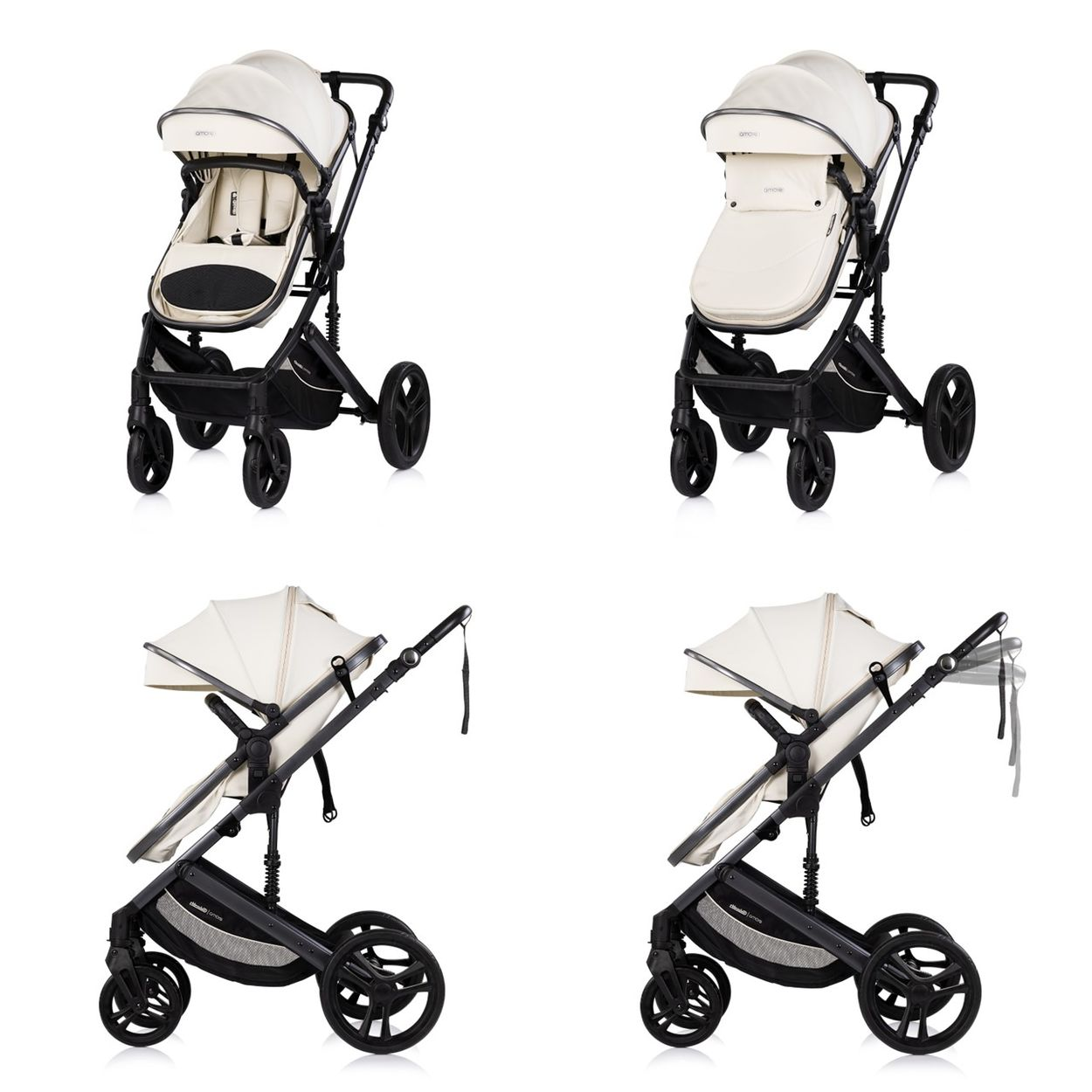 Ein weißer Kinderwagen mit schwarzen Rädern und Griffen.